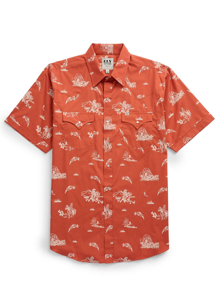 Ely Cattleman 2023116 SP Men's Short Sleeve Cowboy Shirt - Rust Spice Western Print - Perfect for Rodeo, Country Music Festivals & Casual Wear