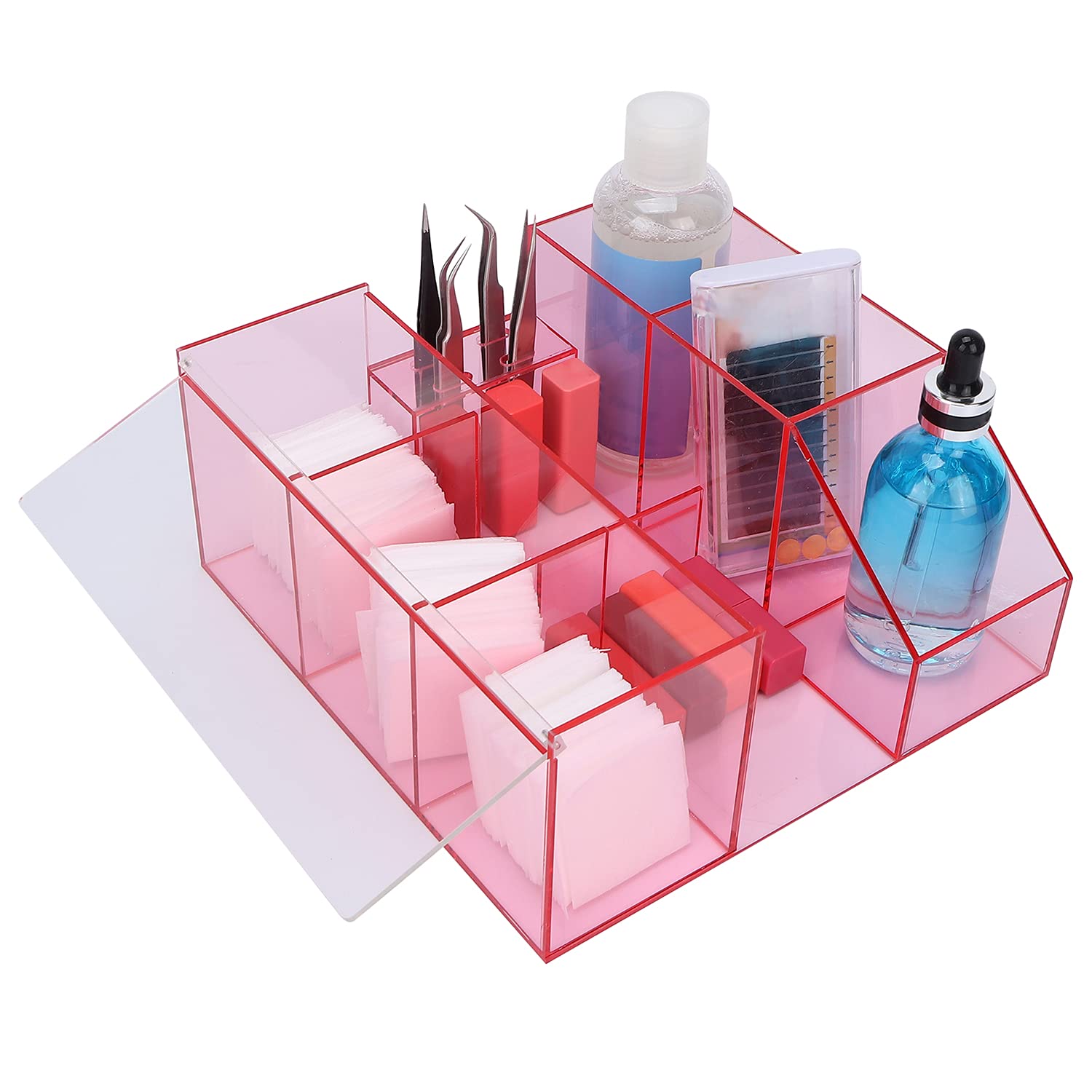 Acrylic Eyelash Extension Organizer with Tweezers Holder - Transparent Pink Beauty Tool Storage Box for Lash Artists & Home Salons | Perfect for Professional Lash Techs & DIY Beauty Enthusiasts