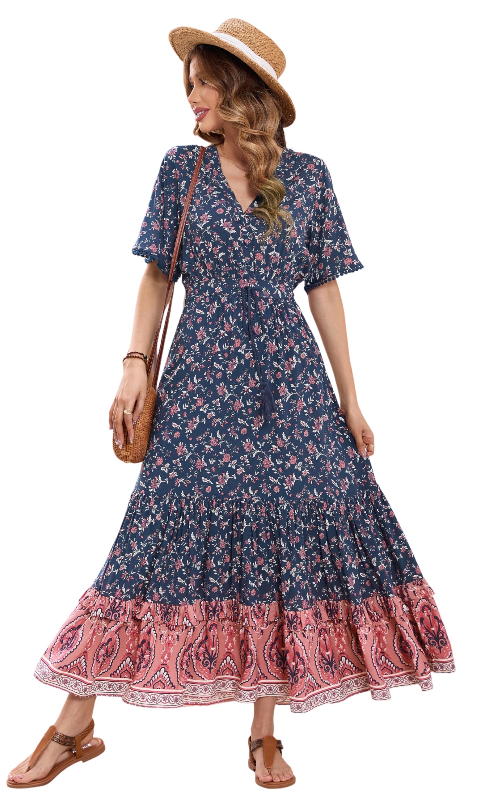 R.Vivimos Women's Summer Cotton Short Sleeve V-Neck Floral Print Casual Bohemian Midi Dress - Perfect for Beach Vacations, Music Festivals & Boho-Chic Outfits