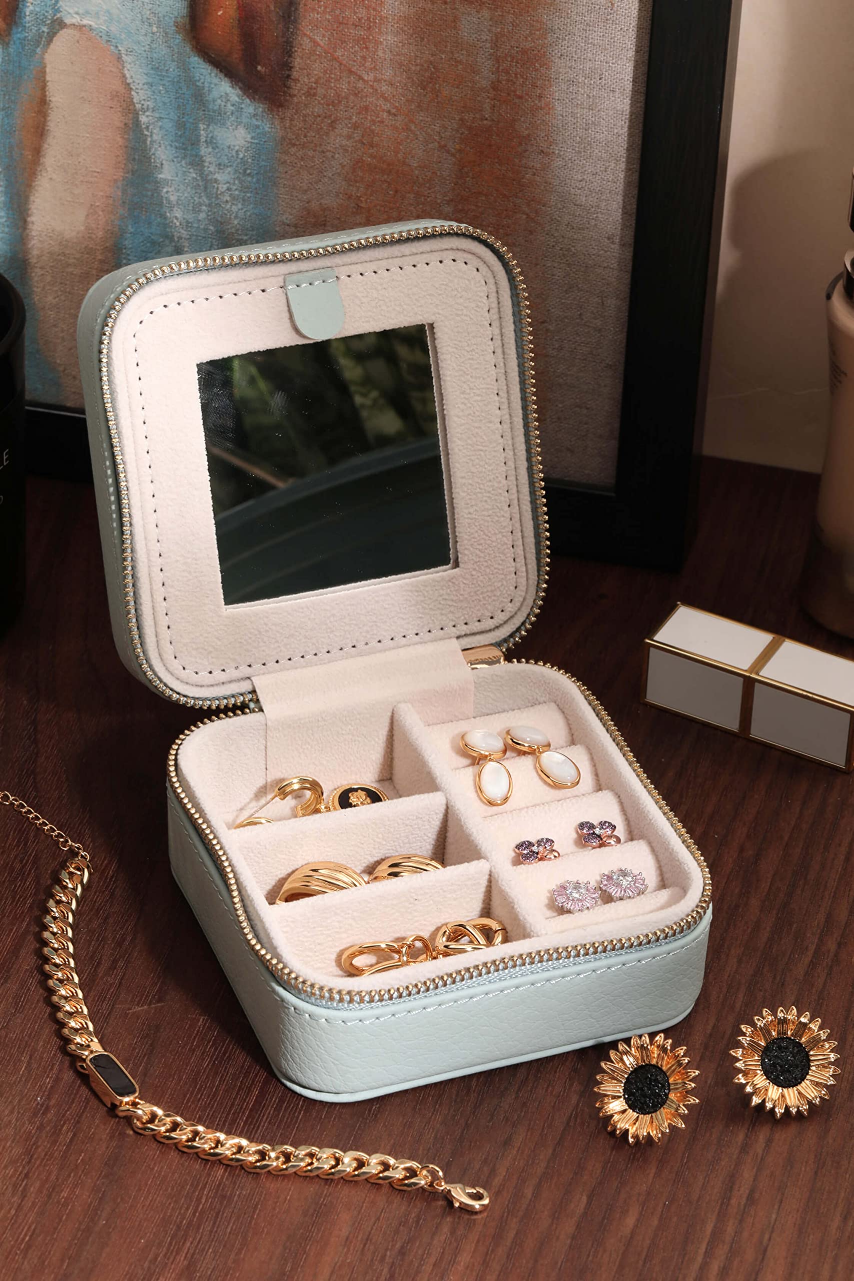 S.Leaf Portable Jewelry Organizer Box for Women - Compact Travel Jewelry Case with Multiple Compartments, Mini Jewelry Storage for Necklaces, Rings & Earrings (Lychee Haze Blue) - Perfect for Vacation, Business Trips & Daily Organization