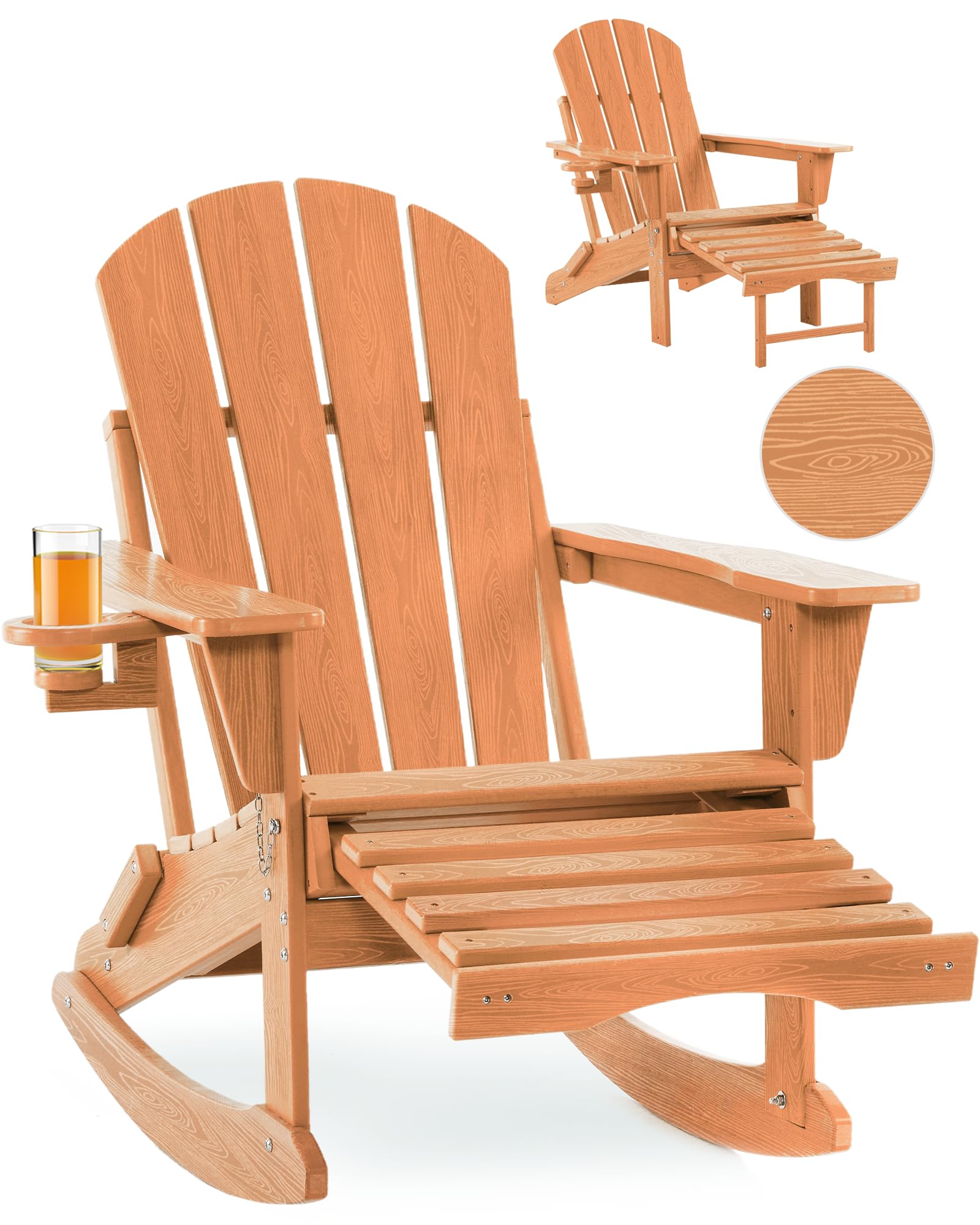 4-in-1 Folding Adirondack Rocking Chair with Ottoman - Wood Texture Patio Chair for Outdoor, Porch, Backyard & Pool - Perfect for Relaxing, Sunbathing and Garden Lounging (Teak Color)