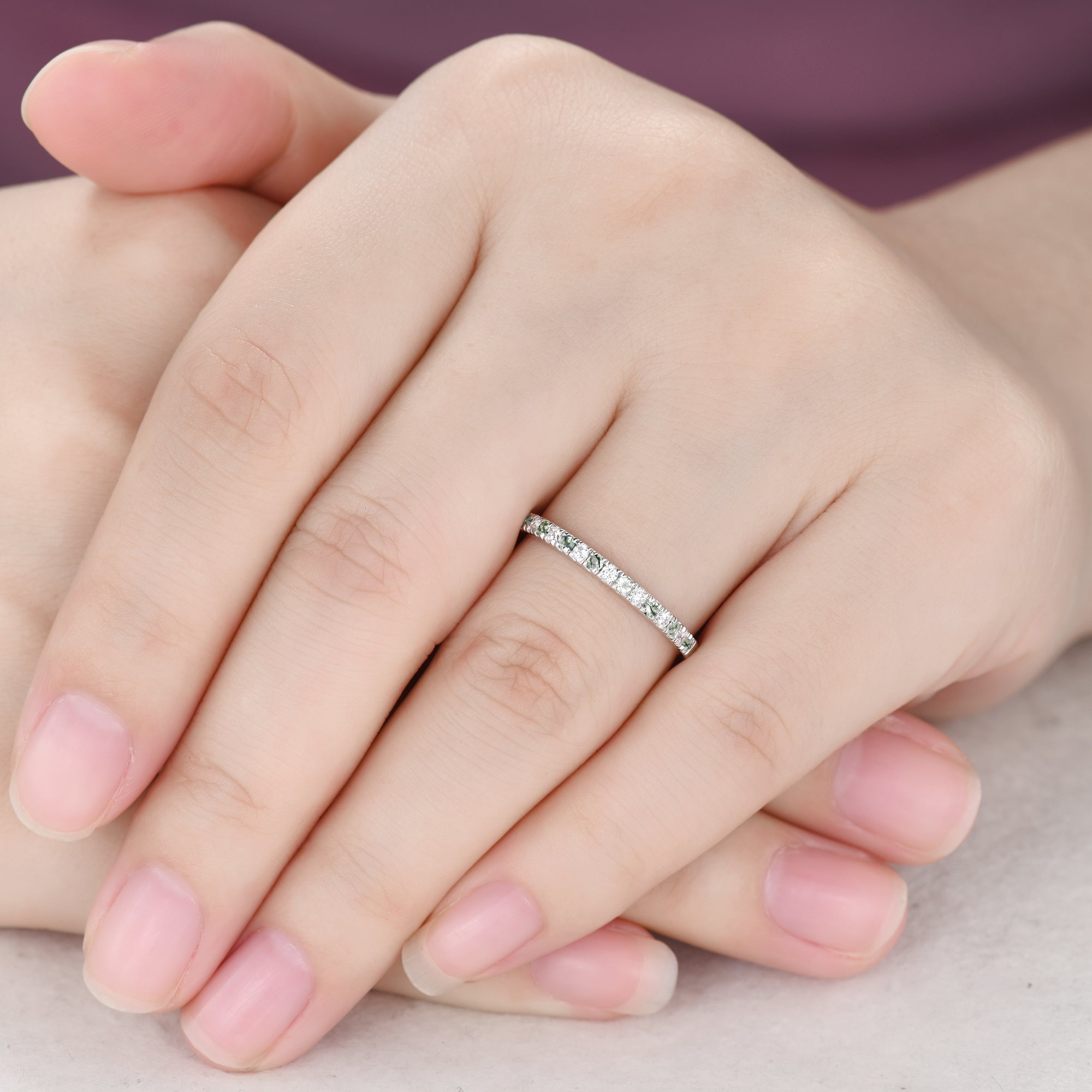 Elegant Moss Agate Wedding Band in White Gold with Moissanite - 2mm Half Eternity Stacking Ring for Women | Perfect for Bridal Jewelry, Anniversary Gifts & Everyday Wear