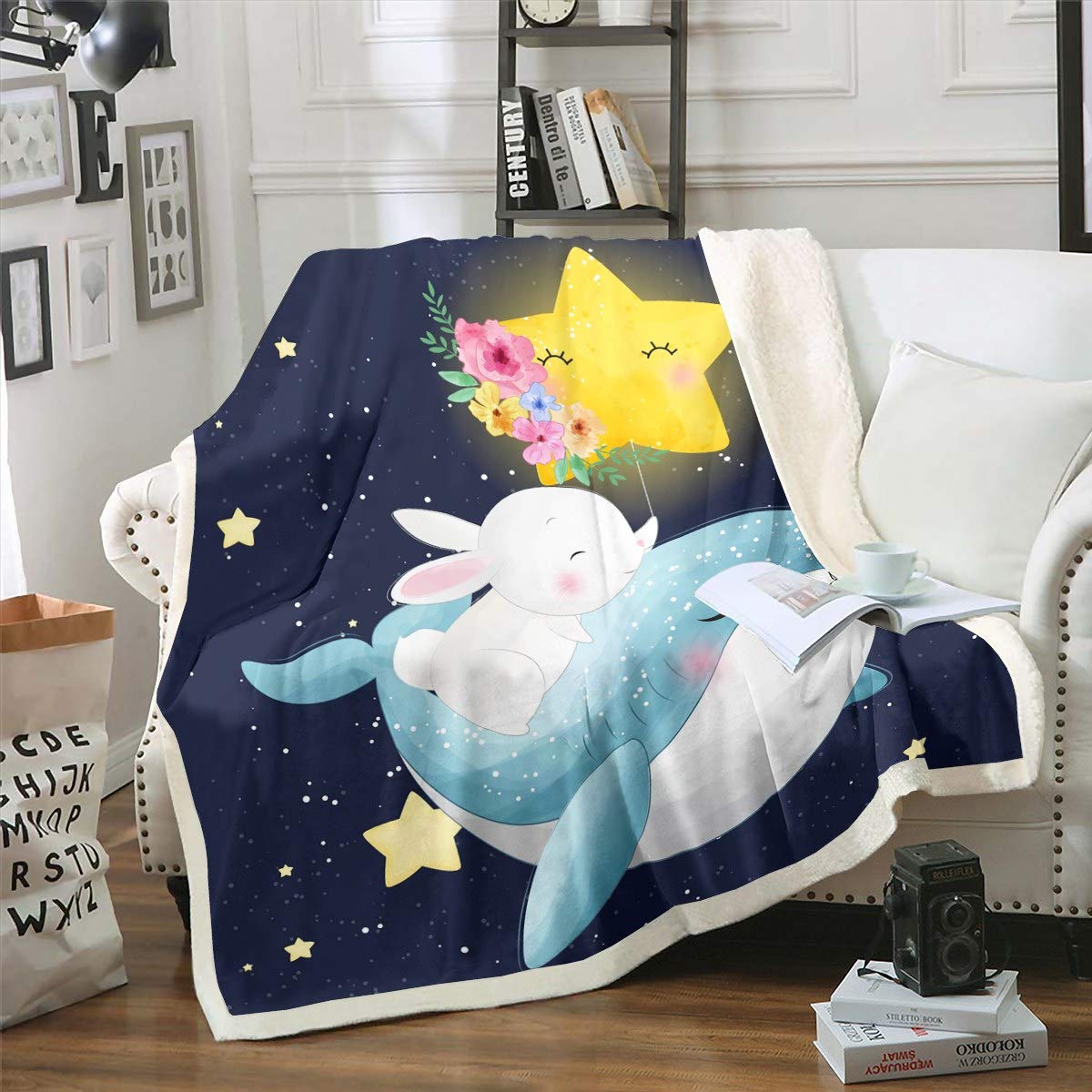 Kids Galaxy Fleece Throw Blanket - Cartoon Rabbit Shark Starry Sky Sherpa Blanket for Children & Girls | Soft Plush Outer Space Blanket | Cute Fuzzy Blanket for Sofa, Bed, Couch (King Size 87x95 Inch) - Perfect for Bedtime, Movie Nights & Cozy Winter Evenings