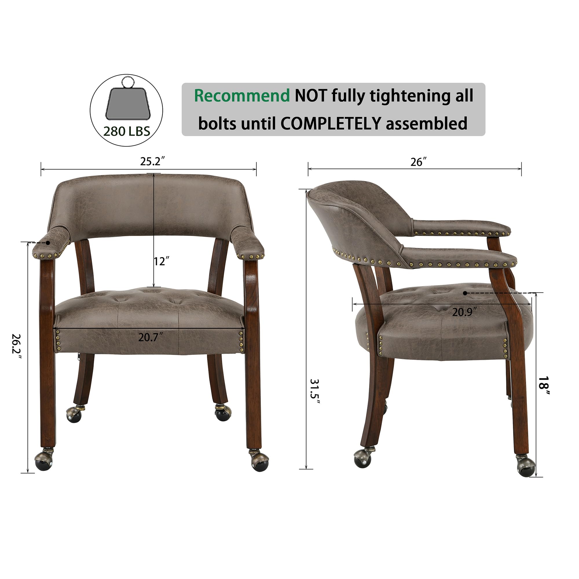 LEEMTORIG Large Rolling Dining Chairs with Casters & Arms - 26