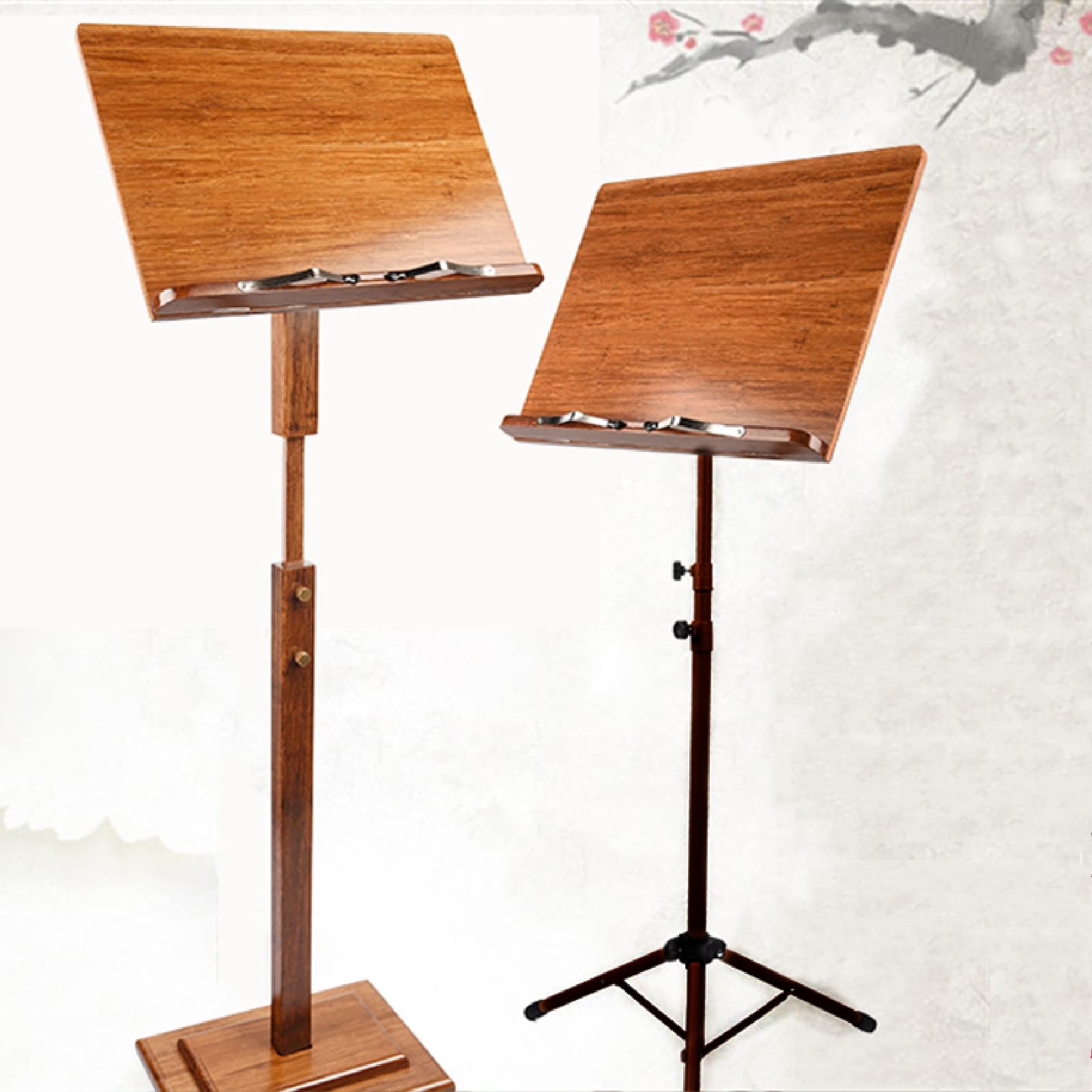 Miwayer Adjustable Bamboo Music Stand - Foldable & Portable with Wide Wooden Bookplate - Perfect for Orchestra, Band Practice & Home Music Studio (Triangle Steel Bracket)