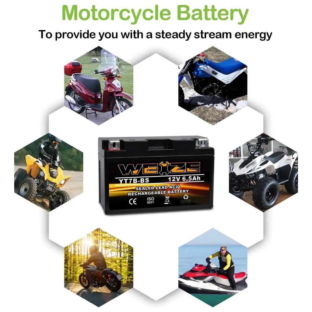 WEIZE YT7B-BS 12V 6.5Ah AGM Sealed Motorcycle Battery - Maintenance Free, High Performance Replacement for Yamaha ATV, Dirt Bike & Powersports - Perfect for Off-Road Adventures & Long Rides