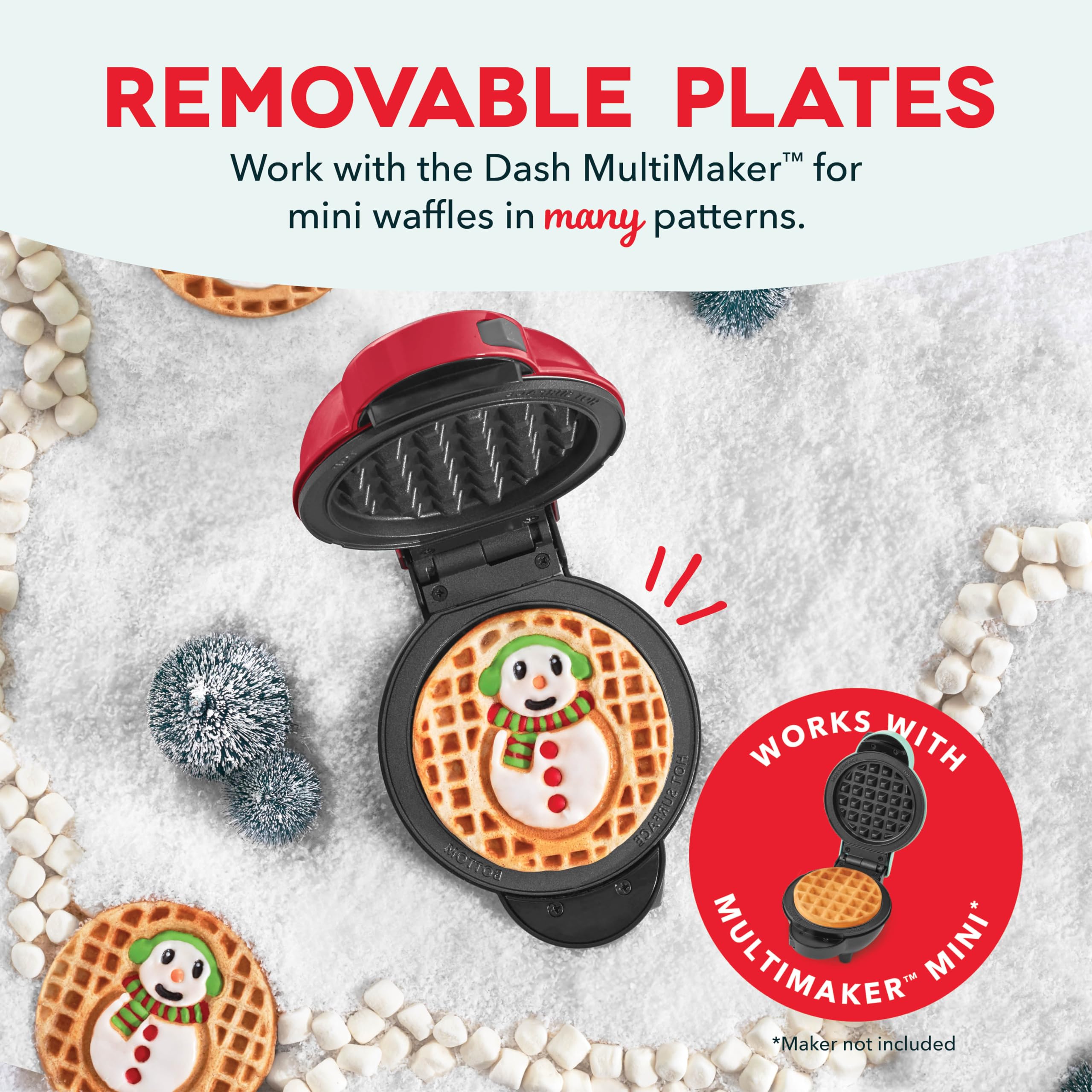 DASH MultiMaker Mini System Two 4” Nonstick Removable Waffle Plates Set (Snowman & Tree) - 2-Piece Plate Pack for Waffle Iron & Griddle, Compatible with Dash MultiMaker Mini System - Perfect for Holiday Breakfasts, Kids' Snacks & Quick Meals