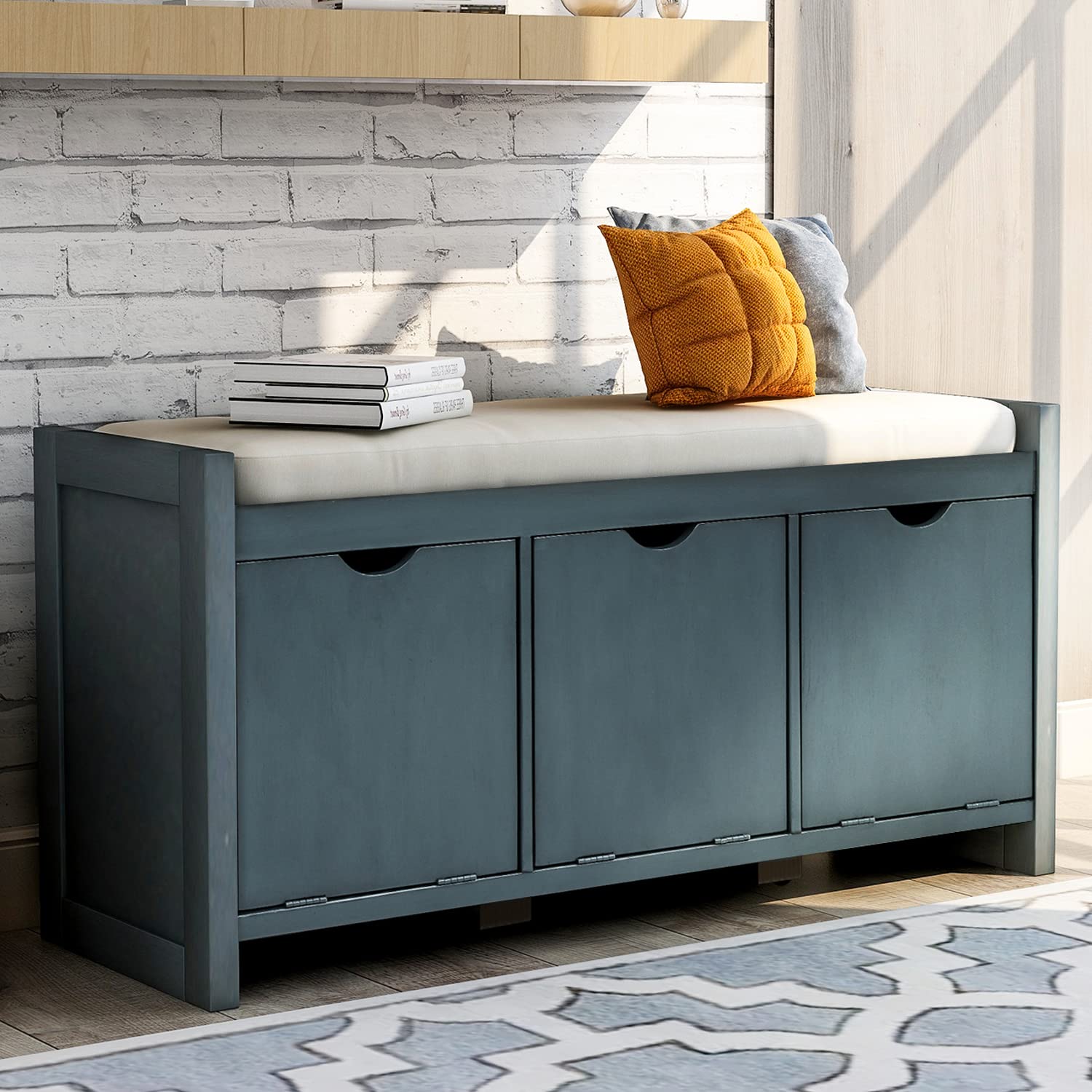 P PURLOVE Wooden Storage Bench with 3 Flip-Lock Compartments - Fully Assembled Entryway Bench with Removable Cushion for Living Room, Bedroom & Hallway - Perfect for Entryway Seating, Shoe Storage & Home Organization