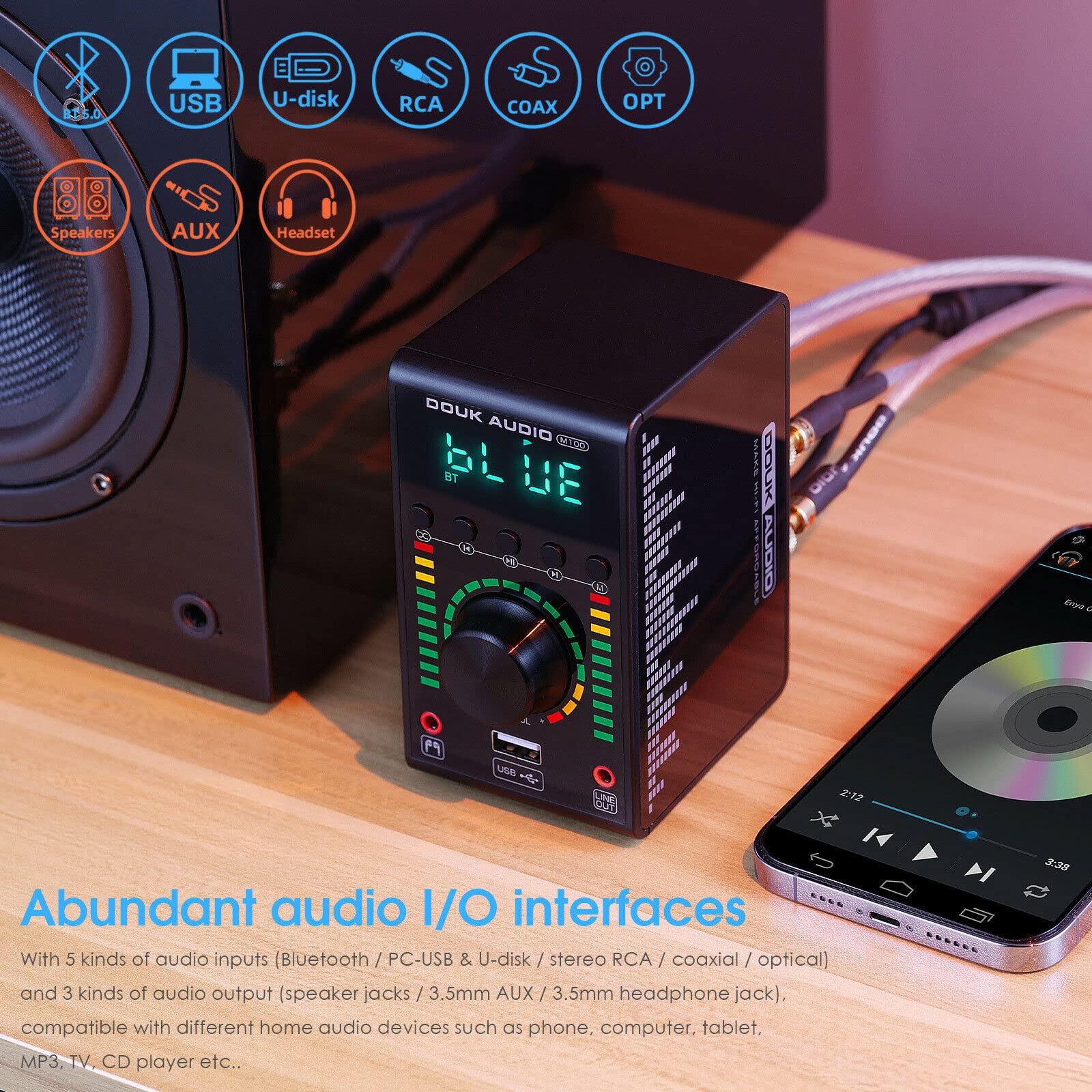 Douk Audio M100 Mini Bluetooth 5.0 Stereo Amplifier with USB/RCA/Coaxial/Optical Inputs, 24Bit/192K High-Resolution DAC for Home Theater, Gaming & Music Streaming