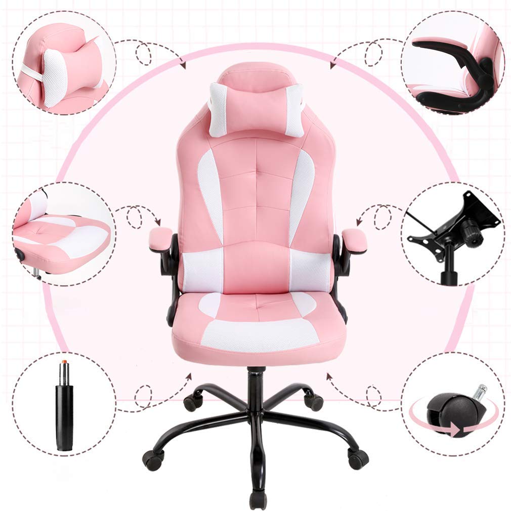 Premium Ergonomic Gaming Chair - Heavy Duty Racing Office Chair with Lumbar Support, Flip-Up Arms & Headrest - Adjustable Swivel Rolling Desk Chair for PC Gamers & Home Office (Stylish Pink) - Perfect for Long Gaming Sessions, Remote Work & Streaming Setup