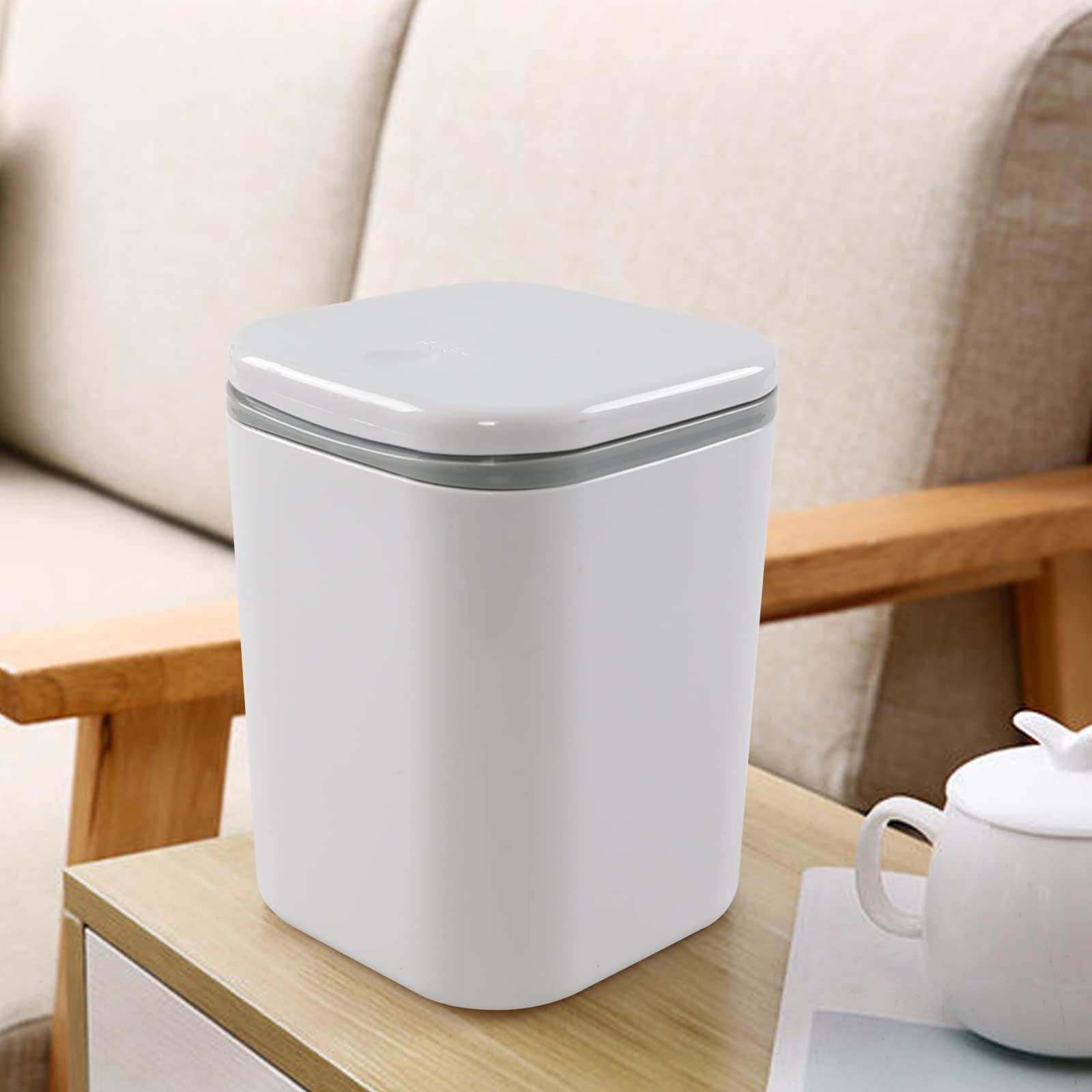 2L Plastic Mini Push-Button Trash Can - 0.5 Gallon Small Waste Bin for Office Desk, Kitchen Counter, Bathroom | Space-Saving Grey Garbage Can for Home & Office Use