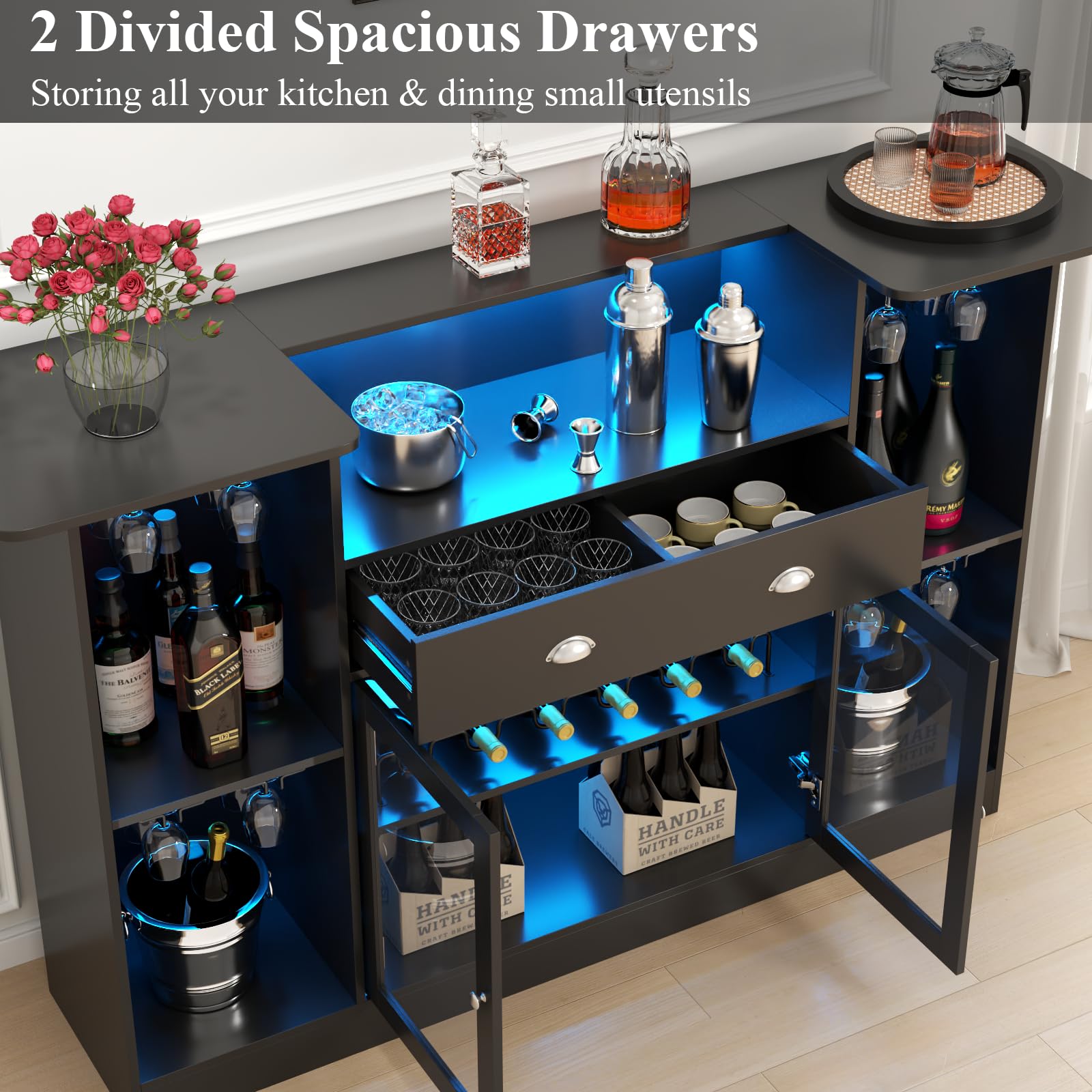Premium Loomie LED Bar Table Cabinet with Drawer - 8-Tier Storage Mini Liquor Bar with Stemware Holder & Adjustable Wine Rack - Crescent Shaped Glass Door Counter for Home Pub, Kitchen, Living Room or Man Cave