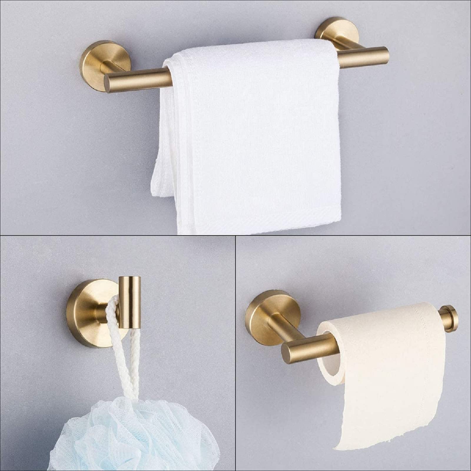 3-Piece Bathroom Hardware Set - Brushed Gold Finish - Modern Towel Bar, Robe Hook & Toilet Paper Holder - Perfect for Bathroom, Spa & Guest Room Decor