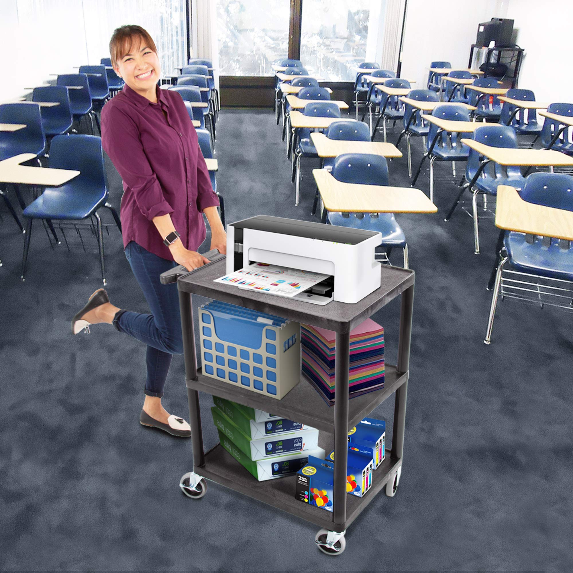 Heavy-Duty 3-Tier Flat Shelf Printer Cart with Wheels - 300 lbs Capacity Utility Storage Cart for Home Office & Warehouse (28