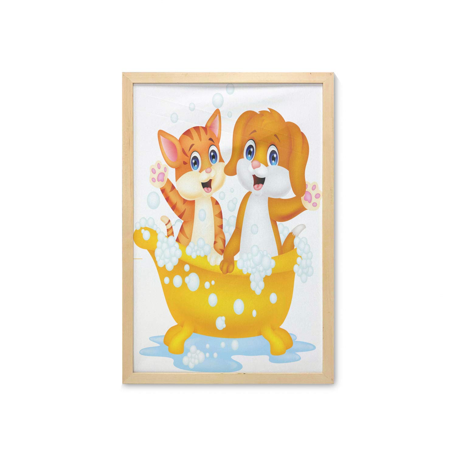 Ambesonne Cartoon Cat and Dog in Bathtub Wall Art - 23x35 Inch Framed Fabric Poster with Bubbles Water Splash - Yellow Brown Blue Animal Print for Bathroom, Living Room, Dorm Decor - Perfect for Pet Lovers & Home Decor