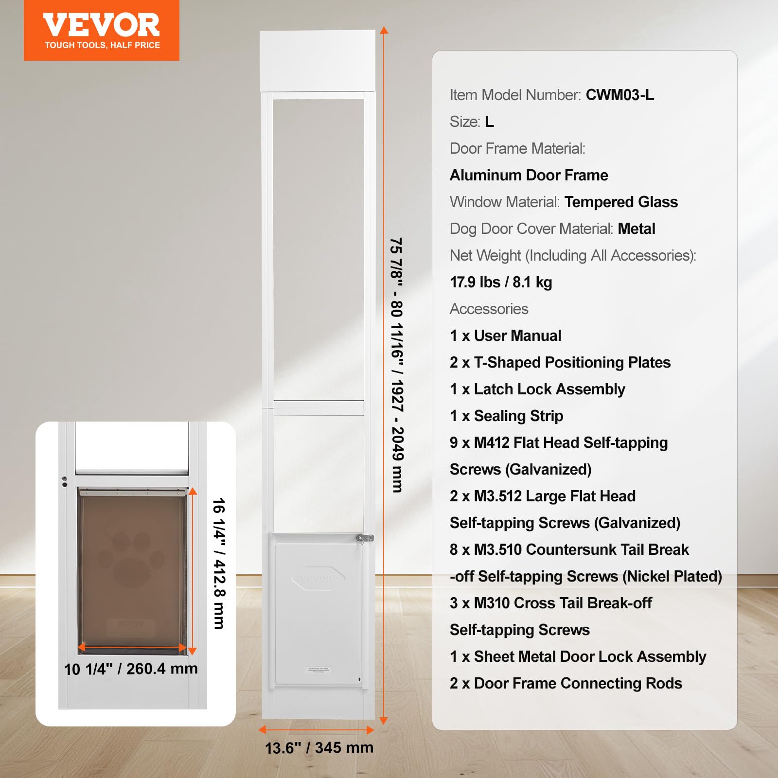VEVOR Adjustable Pet Door for Sliding Glass Doors - 75 7/8