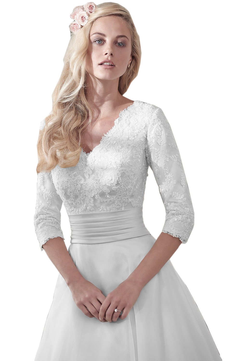 Elegant Modest Wedding Dress for Bride - V-Neck Long Sleeves Organza Gown with Floral Lace Appliques | Perfect for Church, Beach, and Garden Weddings