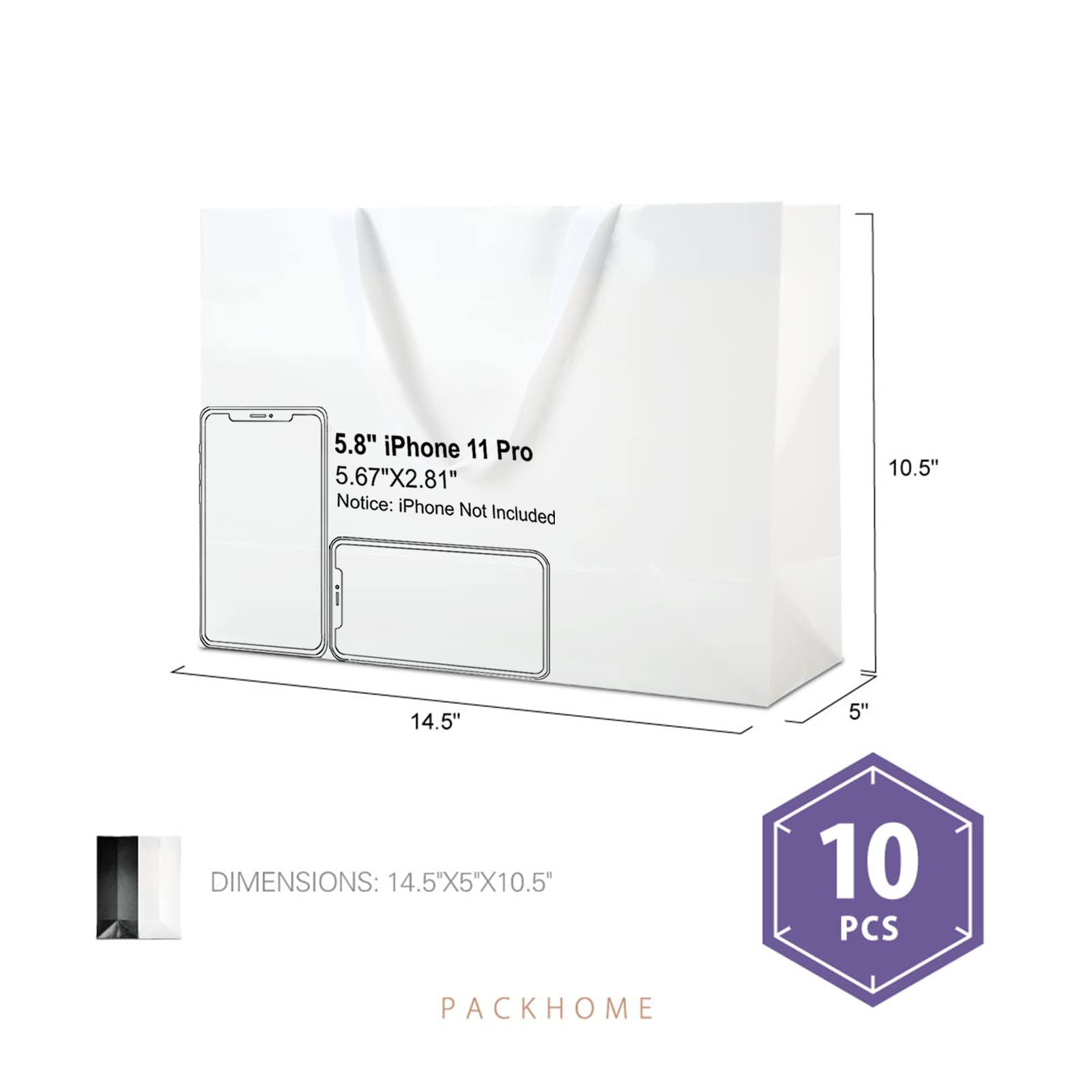 PACKHOME 10 Large White Premium Gift Bags with Handles - 14.5x5x10.5 Inches Glossy Finish - Perfect for Birthday, Wedding, Christmas & Party Gift Wrapping