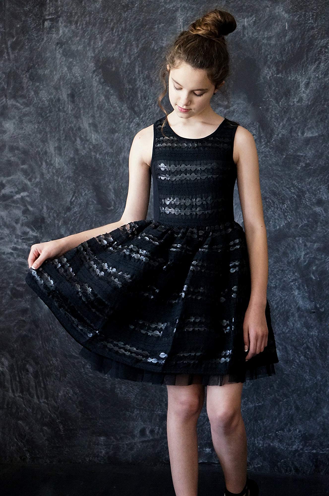 Hannah Banana Big Girls Tween Black Faux Leather and Lace Organza Overlay Dress - Size 10 - Perfect for Birthday Parties, School Dances, and Special Occasions
