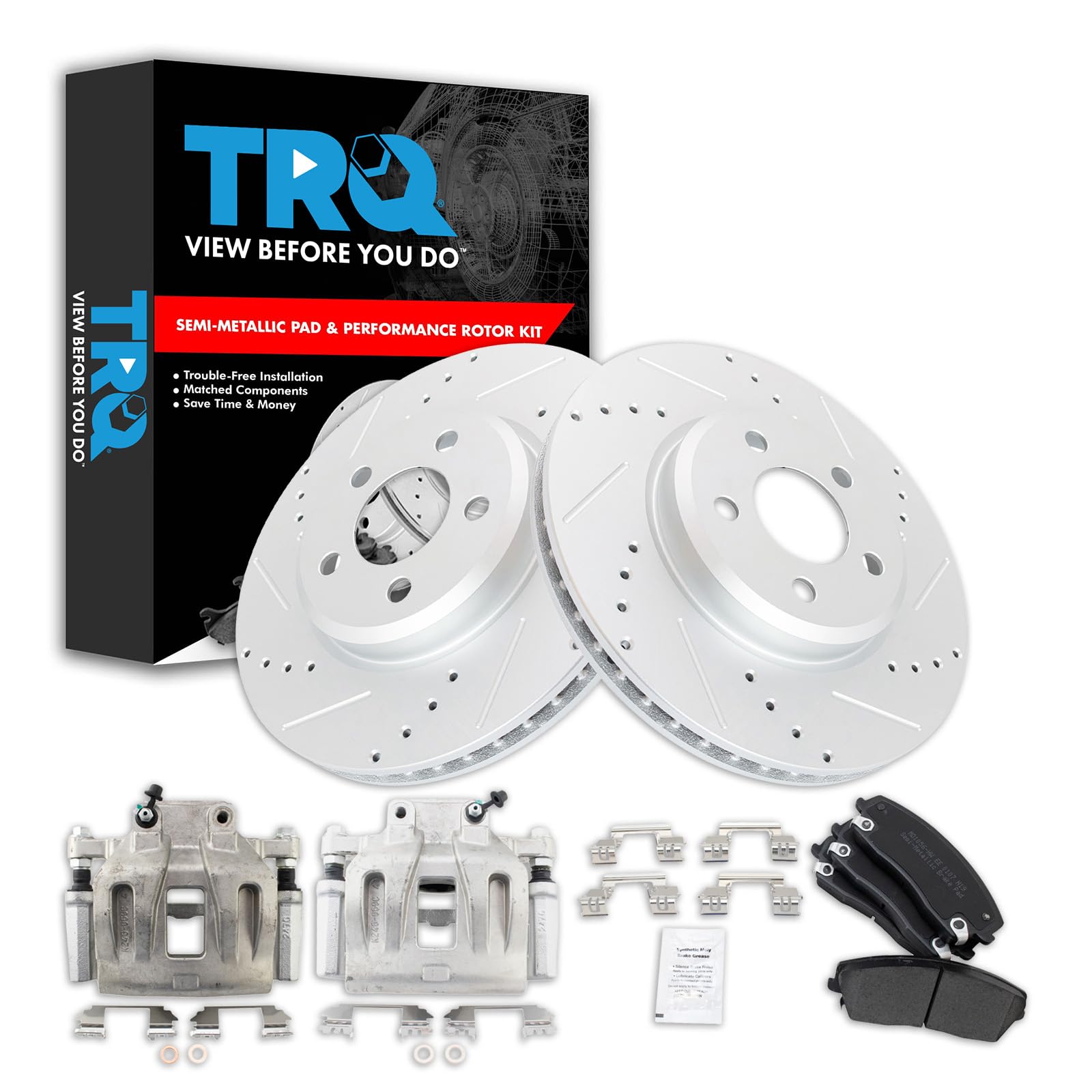 TRQ Front Brake Calipers, Pads & Drilled Rotors Kit - Compatible with 2005-2011 Dodge 300, Charger, Magnum - High Performance Braking System for Street Racing & Daily Driving