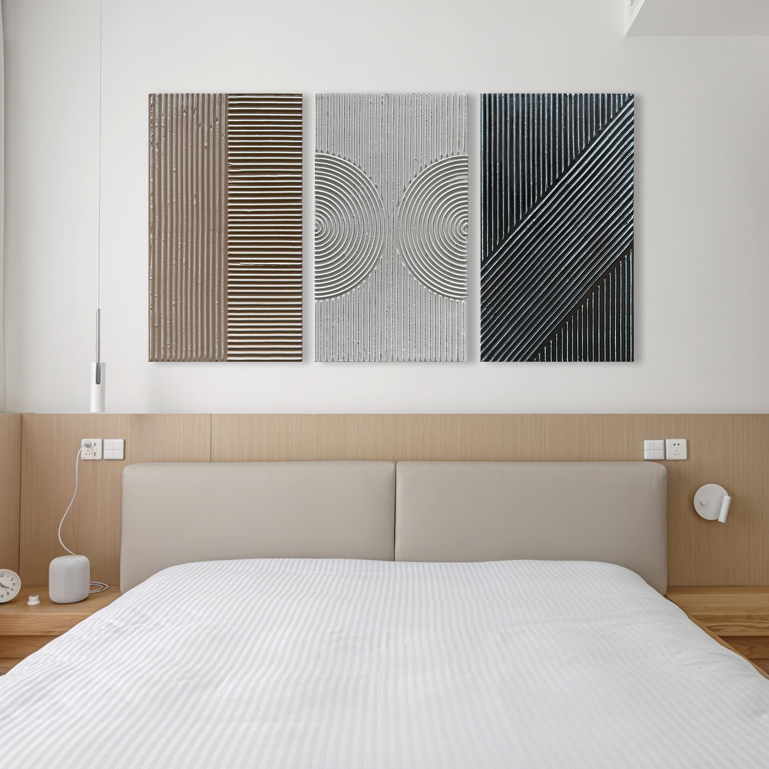 Hand-Painted Abstract Oil Painting - White, Black & Brown Texture - Contemporary Minimalist Wall Art - 28x16 Inch Set of 3 - Perfect for Living Room, Bedroom & Office Decor