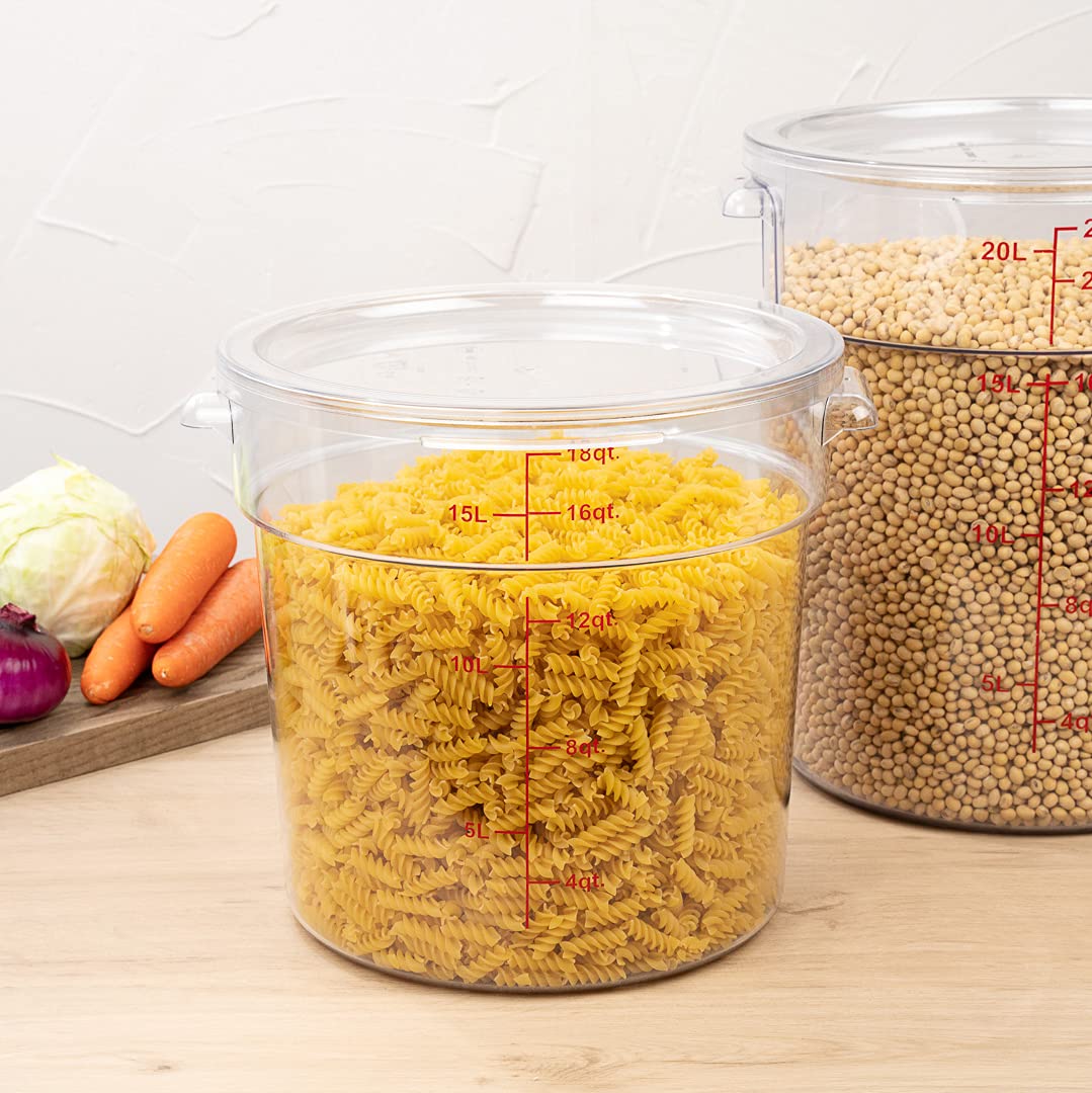 Restaurantware Met Lux 18 Quart (17 Liter) Clear Plastic Food Storage Containers - Set of 10 Round Commercial Food Prep Buckets with Volume Markers, Lids Sold Separately - Ideal for Restaurant Kitchen, Catering, Bulk Food Storage & Space-Saving Organization