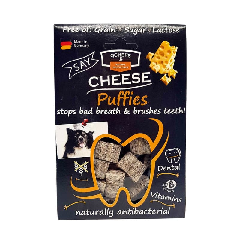 Qchefs Natural Cheese Puffies Dental Dog Chew Treats - 65g Grain-Free, Healthy Snacks for Small & Large Dogs - Perfect for Training, Teething & Oral Care