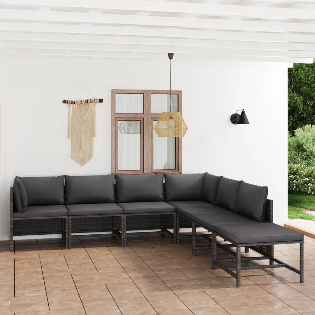 7-Piece Outdoor Patio Lounge Set - Gray & Anthracite Poly Rattan Garden Furniture with Removable Cushions & Convertible Footstool - Modular Arrangement for Backyard, Poolside, or Terrace Relaxation