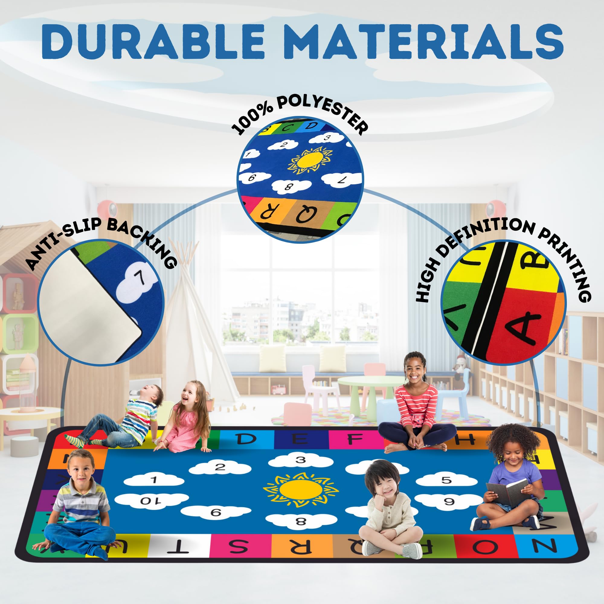 Genki Kids Classroom Rug - Colorful Educational Carpet for Elementary Schools & Playrooms - 6'6