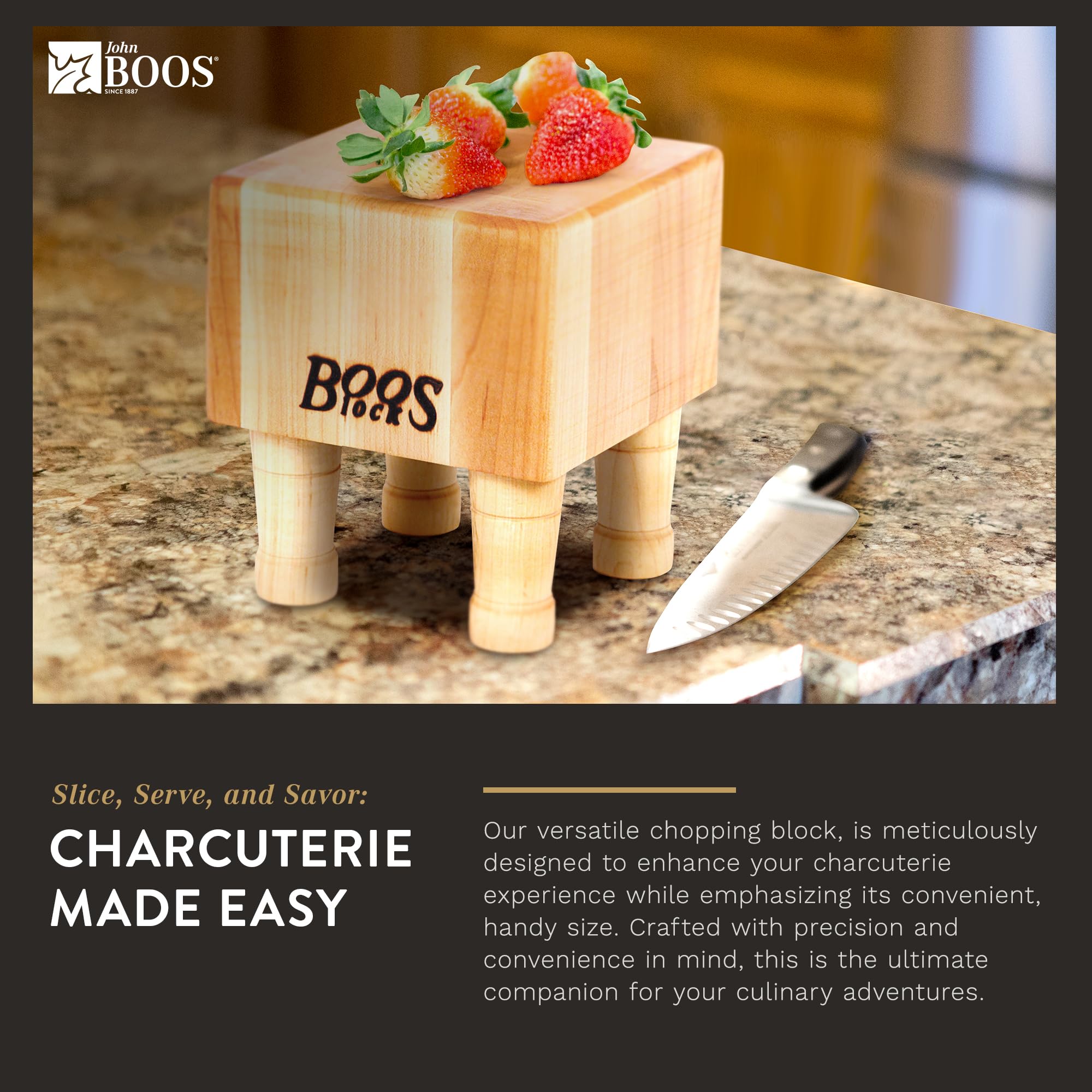 Premium John Boos MC Series 6x6 Inch Maple Wood Cutting Board with Non-Slip Feet - 4-Inch Thick Square Chopping Block for Kitchen, Butcher, Meat Cutting & Charcuterie Display