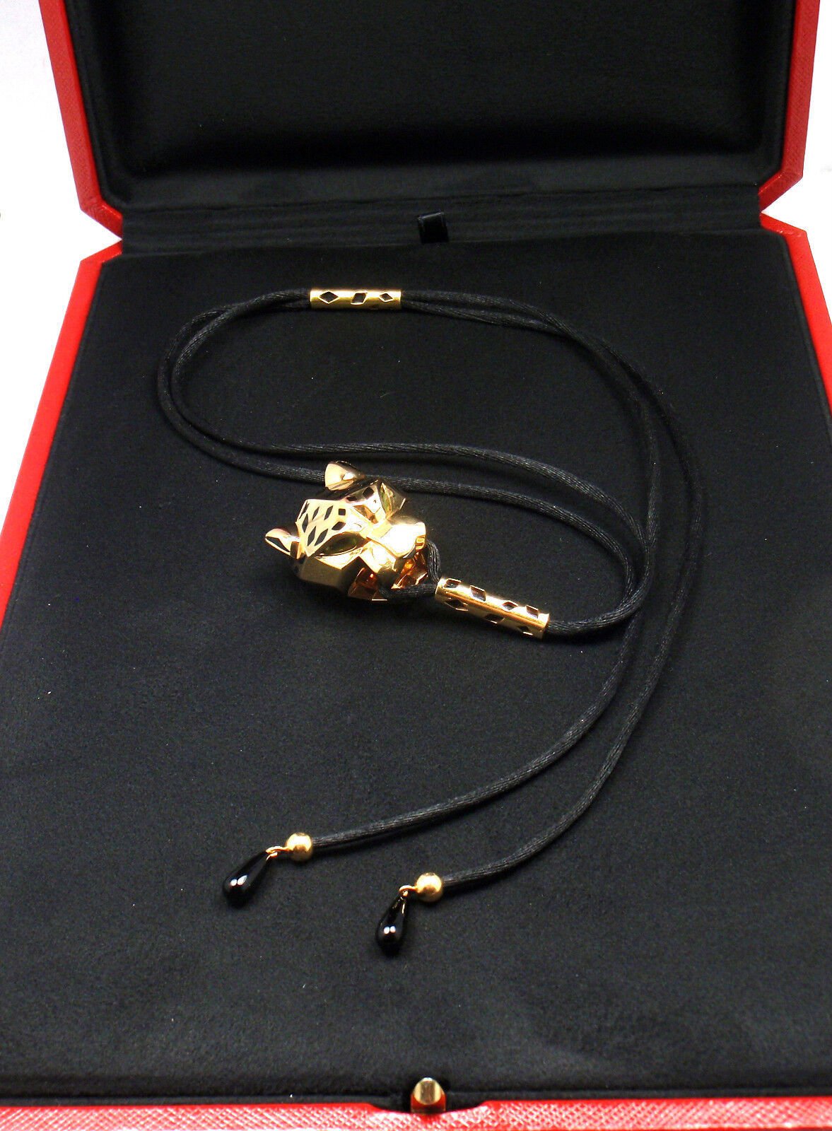 Authentic Cartier Panther Panthere 18k Yellow Gold Emerald Lacquer Cord Necklace - Luxury Jewelry for Women, Elegant Gift for Birthday & Anniversary | Perfect for Parties, Weddings & Special Occasions