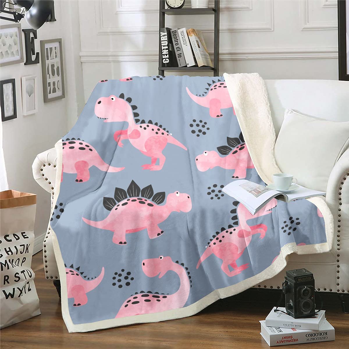 Dinosaur Fleece Throw Blanket for Girls - Soft Cartoon Dino Sherpa Blanket 30x40 Inches, Pink & Gray Plush Bed Blanket for Kids Room, Couch & Sofa - Perfect for Nursery Decor, Sleepovers and Winter Snuggling