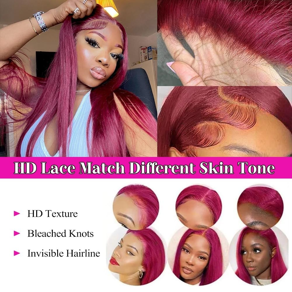 Burgundy 13x4 Lace Front Wig Human Hair 99J - 16 Inch Straight Glueless Pre Plucked with Baby Hair 180% Density Lace Frontal Wigs for Women | Perfect for Daily Wear, Cosplay, Parties & Special Occasions
