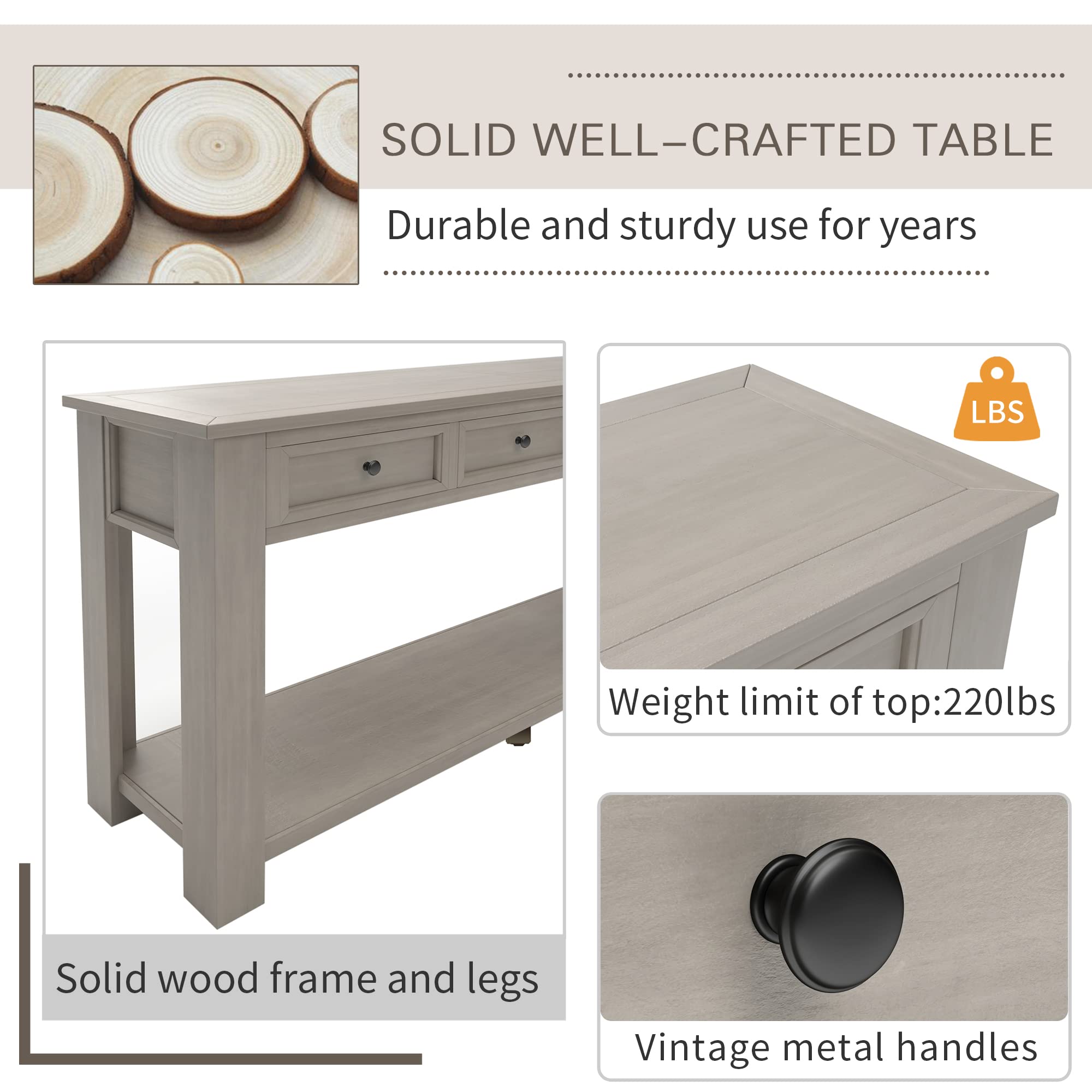 Modern Solid Wood Console Table with 3 Drawers & Shelf - Sturdy Entryway Sofa Table, Multifunctional Side Table for Living Room, Bedroom, Hallway - Perfect for Home Decor & Small Space Organization (Gray)