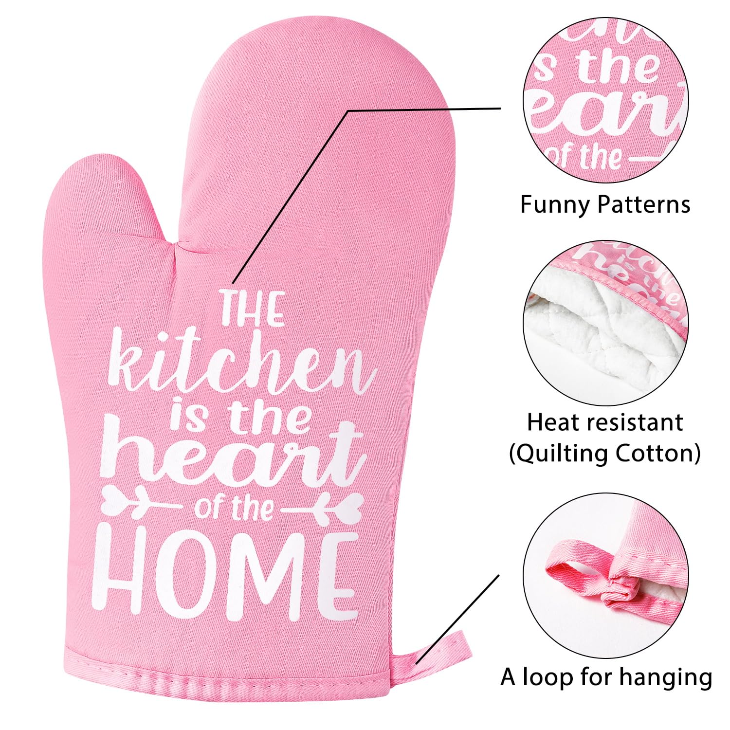 GROBRO7 6Pcs Funny Oven Mitts & Pot Holders - Heat Resistant Kitchen Gloves with Hanging Loop & Pocket - Machine Washable Hot Pads for Baking, Cooking, BBQ - Perfect Gift for Home Chefs (Pink)
