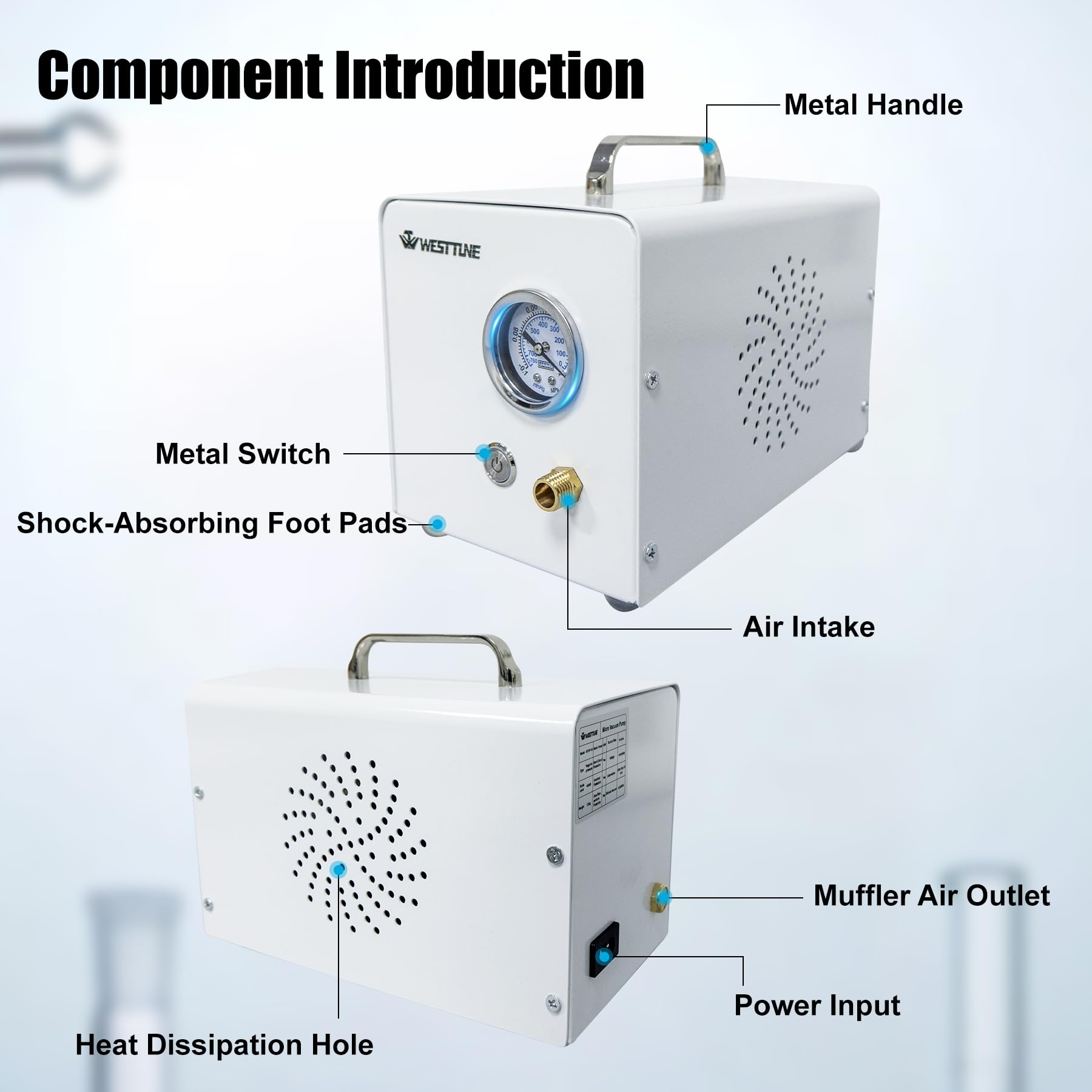 Lab Diaphragm Vacuum Pump - Portable Oilless Vacuum Filtration System for Laboratory Use with 2 Rubber Tubes & 10L/min Negative Pressure - Ideal for Chemistry Experiments, Medical Research & Scientific Filtration