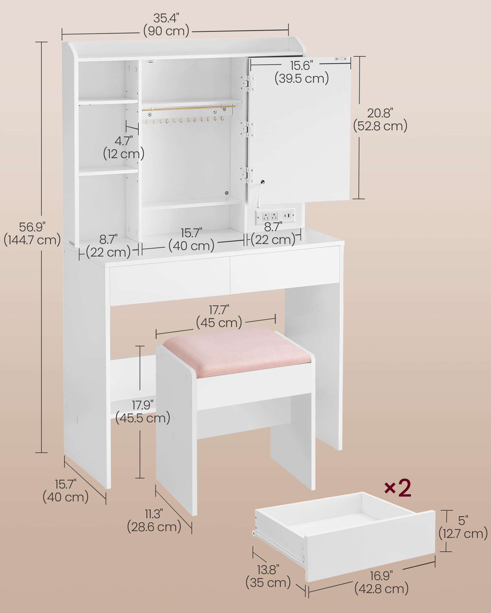 VASAGLE Modern Vanity Desk with Power Outlets & Dimmable LED Lights - Makeup Dressing Table with Mirror, 6 Compartments & 2 Drawers - Includes Upholstered Stool - Perfect for Bedroom, Dorm Room or Beauty Salon (Cloud White URDT031W01)