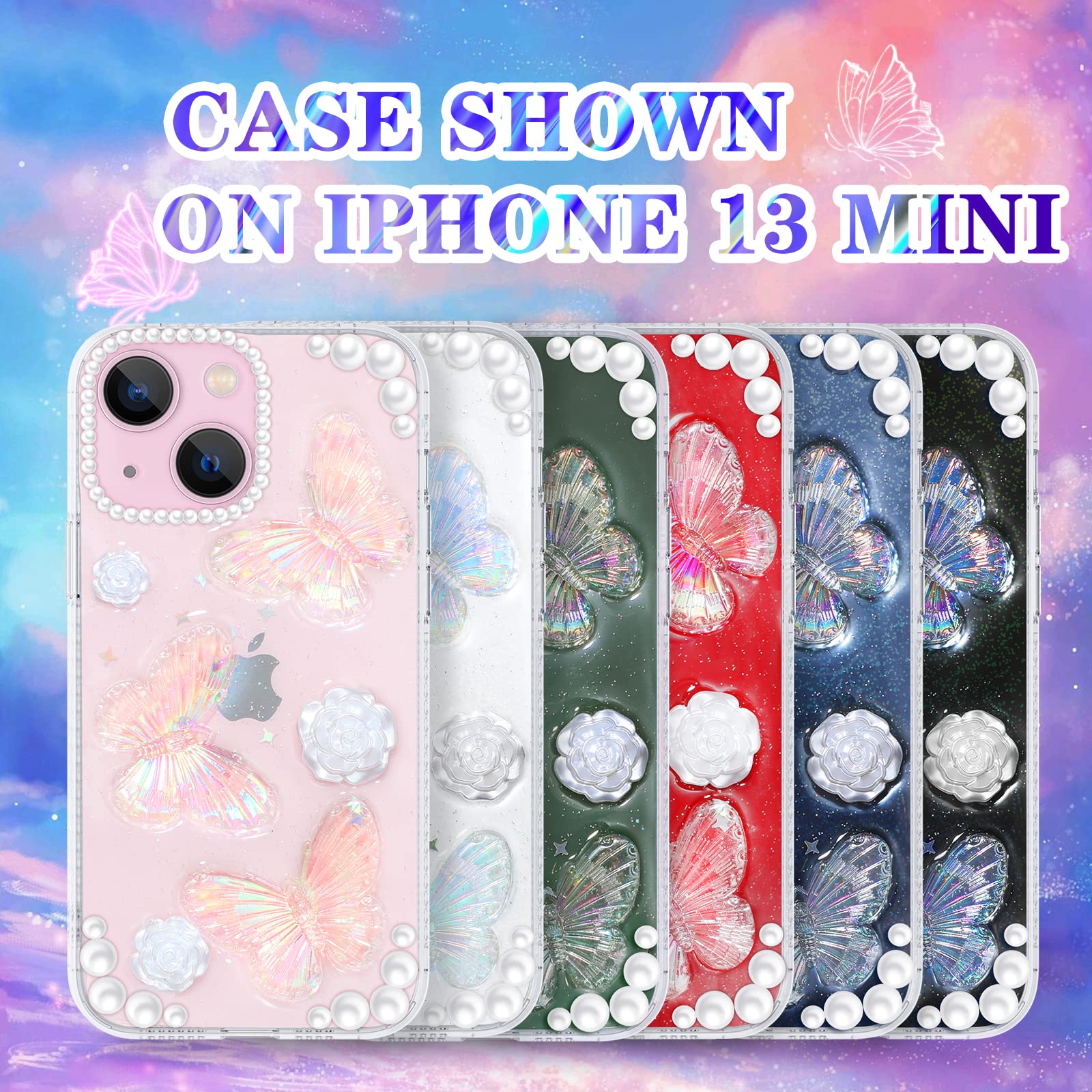Goocrux 4-in-1 iPhone 13 Mini Case for Women - Glitter Butterfly Sequin Sparkle Clear Crystal Phone Cover with Chain, Camera Protector & Screen Protector | Cute Girly Design for Girls & Teens | Perfect for Parties, Daily Use & Gift Giving