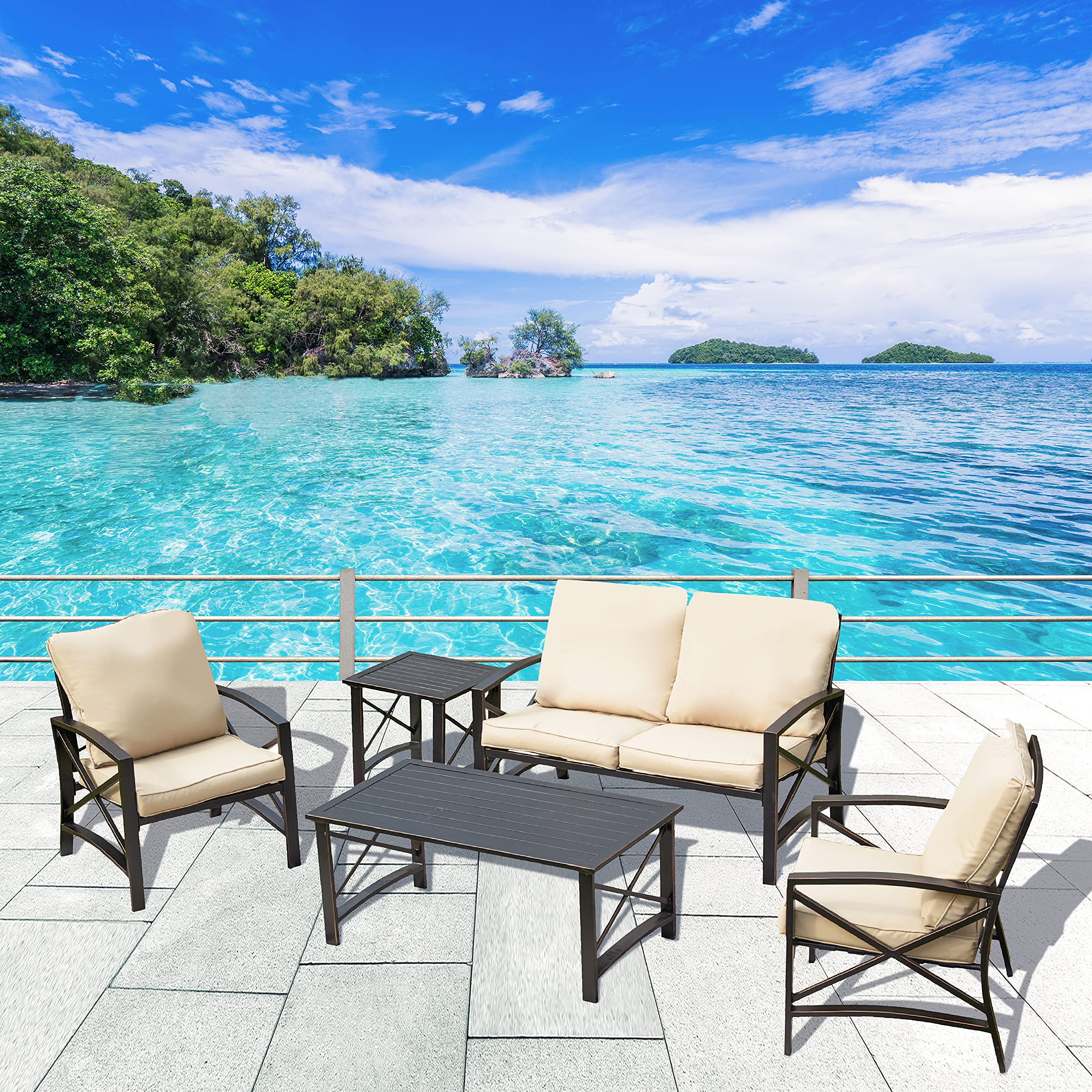 LOKATSE HOME 5-Piece Metal Outdoor Patio Furniture Set - Loveseat Chairs with Table for Backyard, Porch, Garden - Khaki Conversation Set for Relaxing & Entertaining
