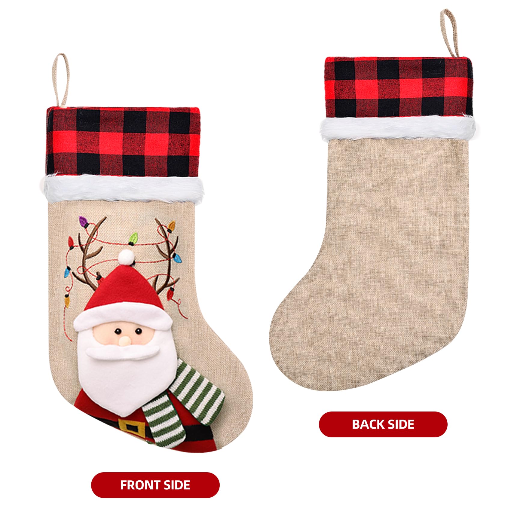 ELEGANTPARK 4-Piece Buffalo Plaid Christmas Stockings Set with 3D Santa Snowman Reindeer Embroidery & Fur Cuff - Festive Holiday Decor for Fireplace Mantel, Tree, and Family Gift Exchange