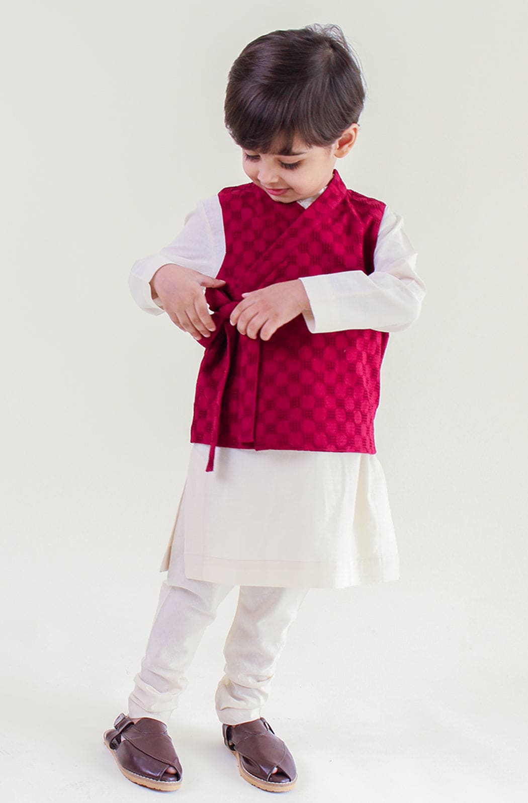 Pre Order: Modern Maharajah Bundi Set for Boys - Maroon Ethnic Outfit | Perfect for Festivals, Weddings & Cultural Events