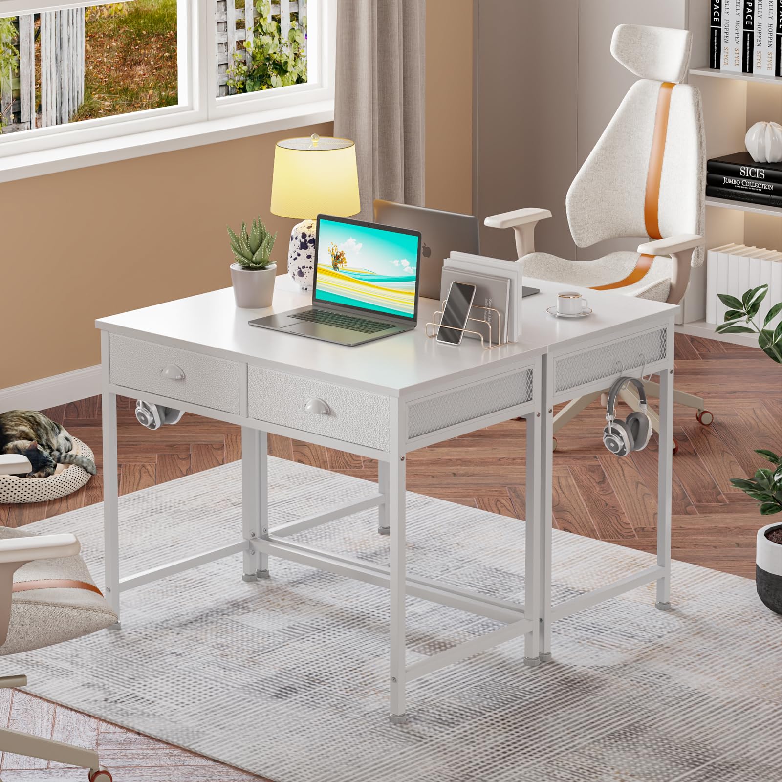 Furologee 36 Inch White Small Computer Desk with 2 Fabric Drawers - Simple Home Office Writing Desk, Vanity Desk with Hooks - Study Desk for Bedroom, Small Spaces - Perfect for Remote Work, Online Classes & Home Office Setup