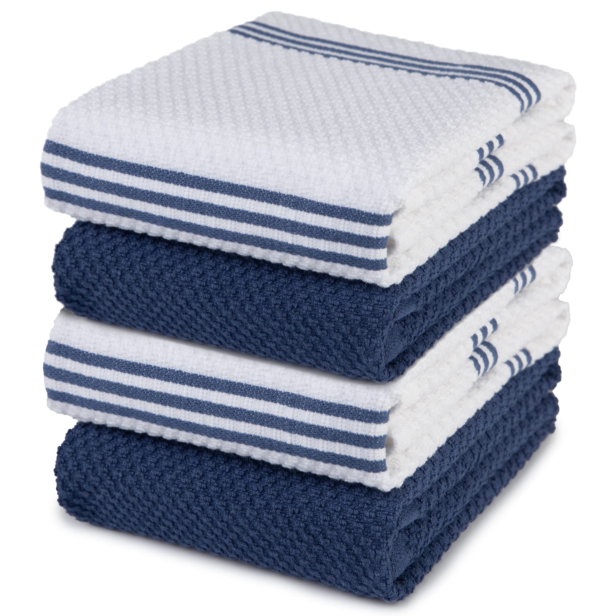 Premium 100% Cotton Kitchen Dish Towels Set of 4 - Dark Blue & White Absorbent Hand Tea Towels (28
