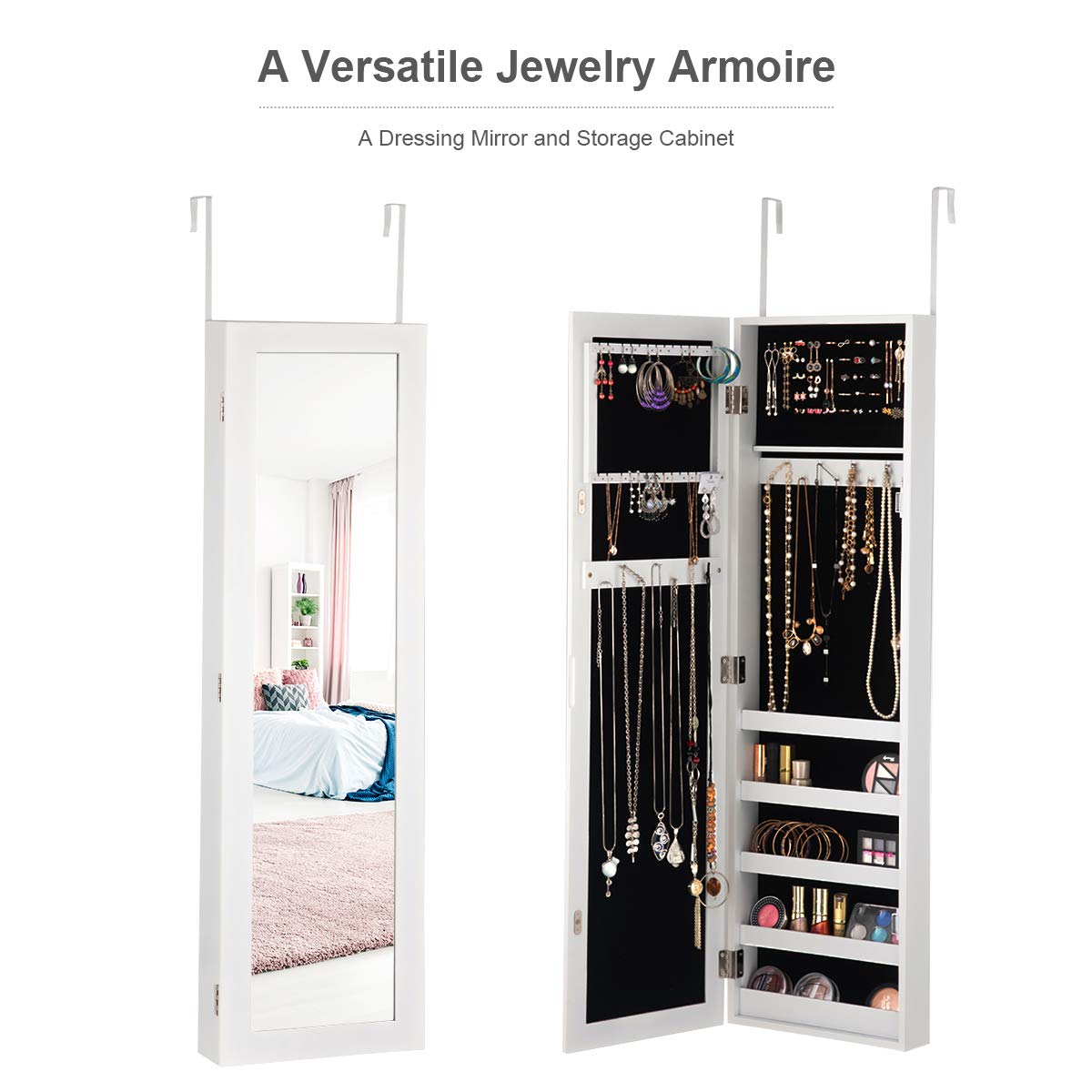 Giantex Jewelry Cabinet Armoire with Full Length Mirror - Wall Mounted Jewelry Organizer with 5 Storage Shelves for Bracelets, Rings & Cosmetics | Perfect for Bedroom, Closet & Dressing Room Organization