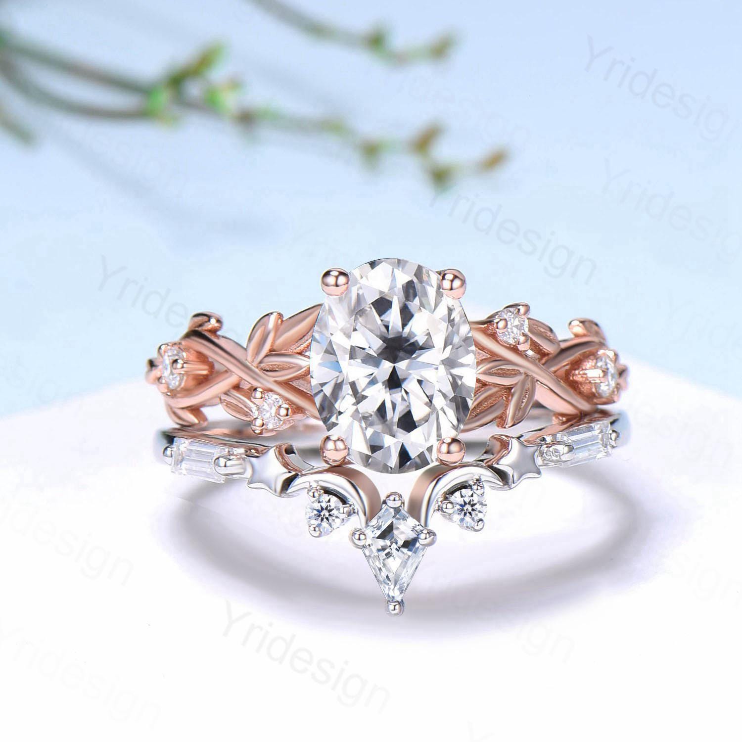 1.5CT Oval Moissanite Engagement Ring Set - Nature Inspired Wedding Band with Moon & Star Design, Stackable Matching Anniversary Gift for Her, Perfect for Proposals, Weddings & Special Occasions