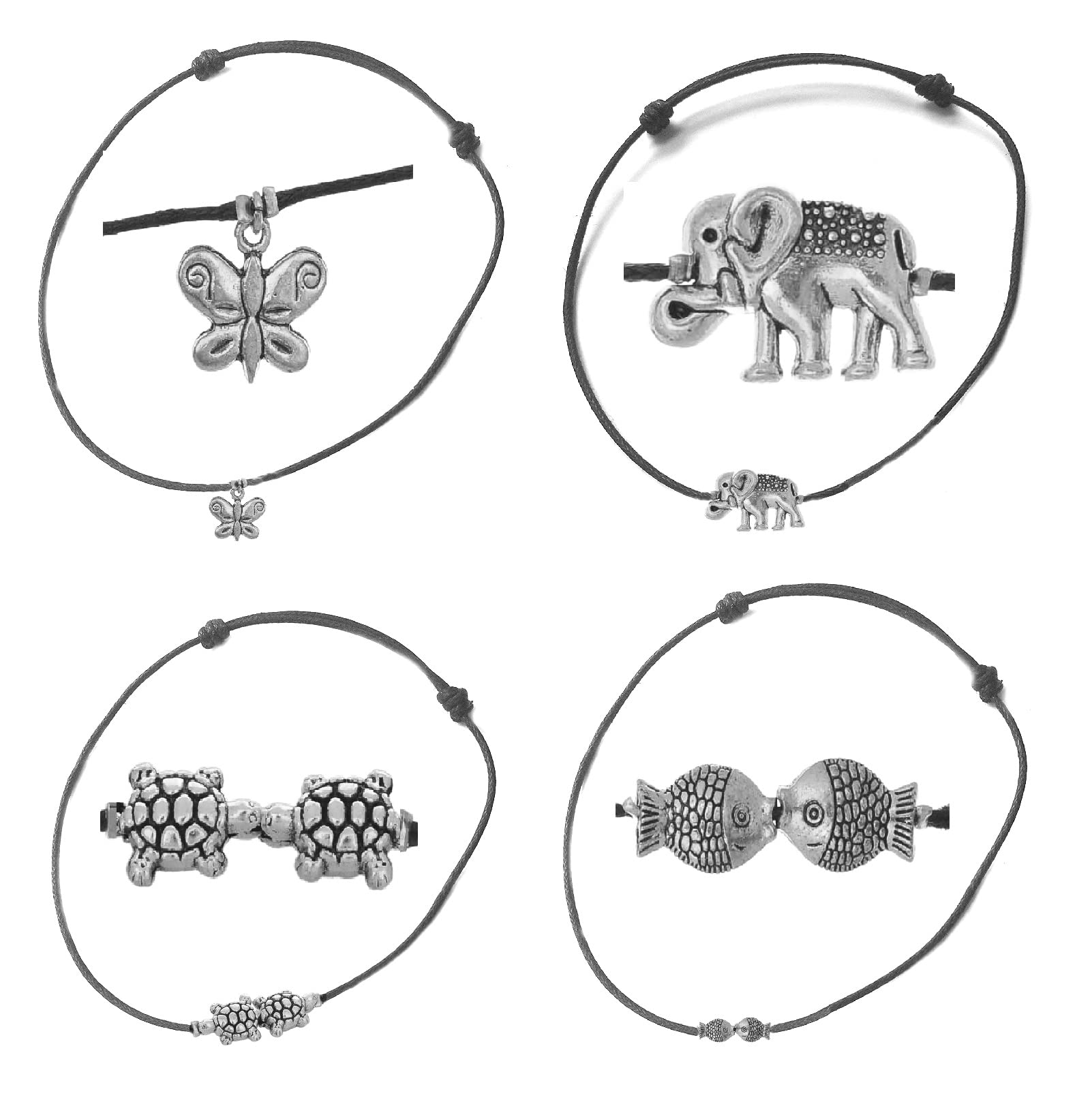 Adjustable Black Nylon Cord Nazar Battu Anklet - Silver Suraksha Fish Tortoise Elephant Butter Fly Charm Payal for Baby Girls & Women | Spiritual Protection Jewelry for Newborns, Toddlers and Adults | Perfect for Festivals, Birthdays and Cultural Celebrations