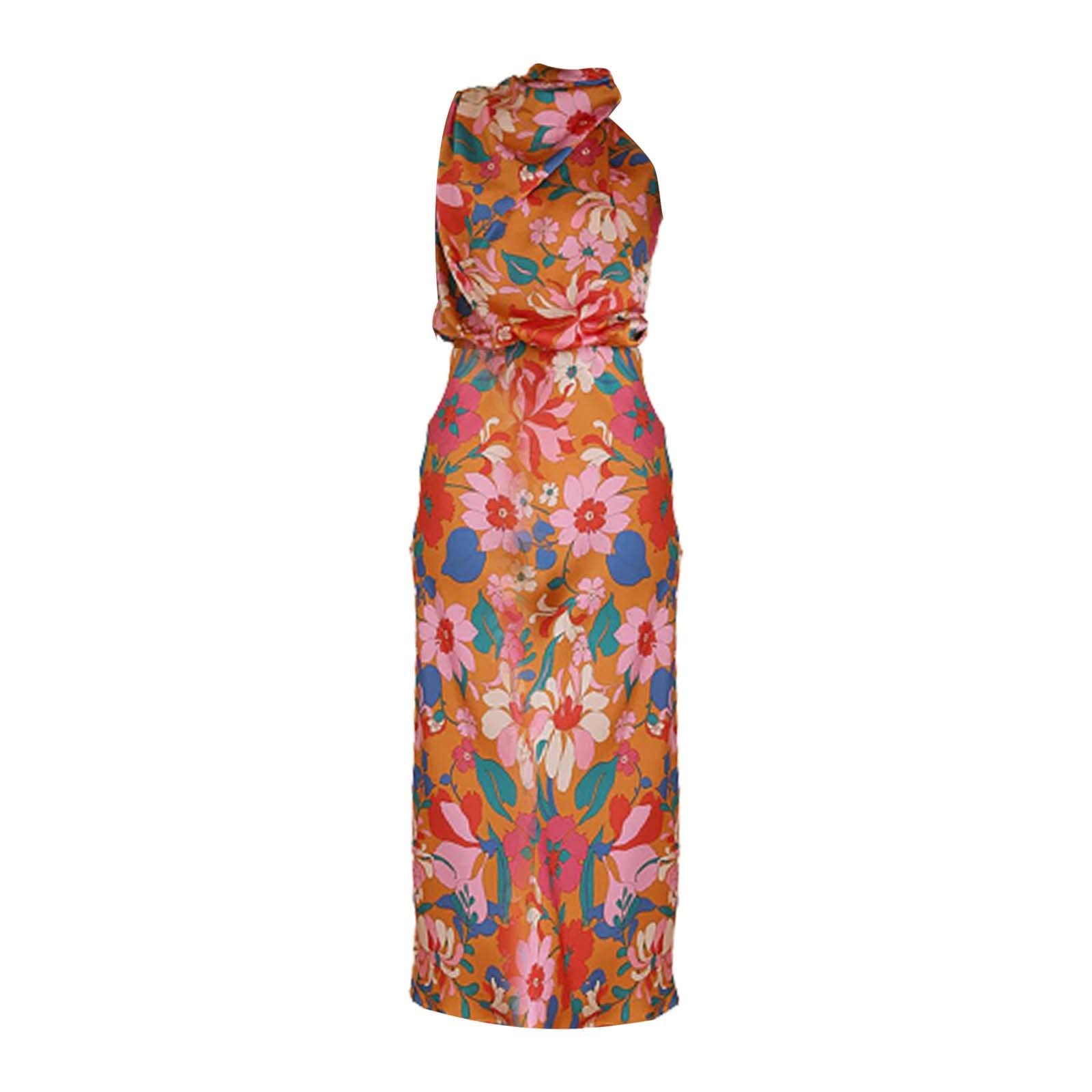 Women's Sleeveless Lace Floral Print Satin Dress - O-Neck Summer Cocktail Dress for Party, Wedding & Evening Occasions | Elegant Tunic Style Spring/Summer Leisure Wear