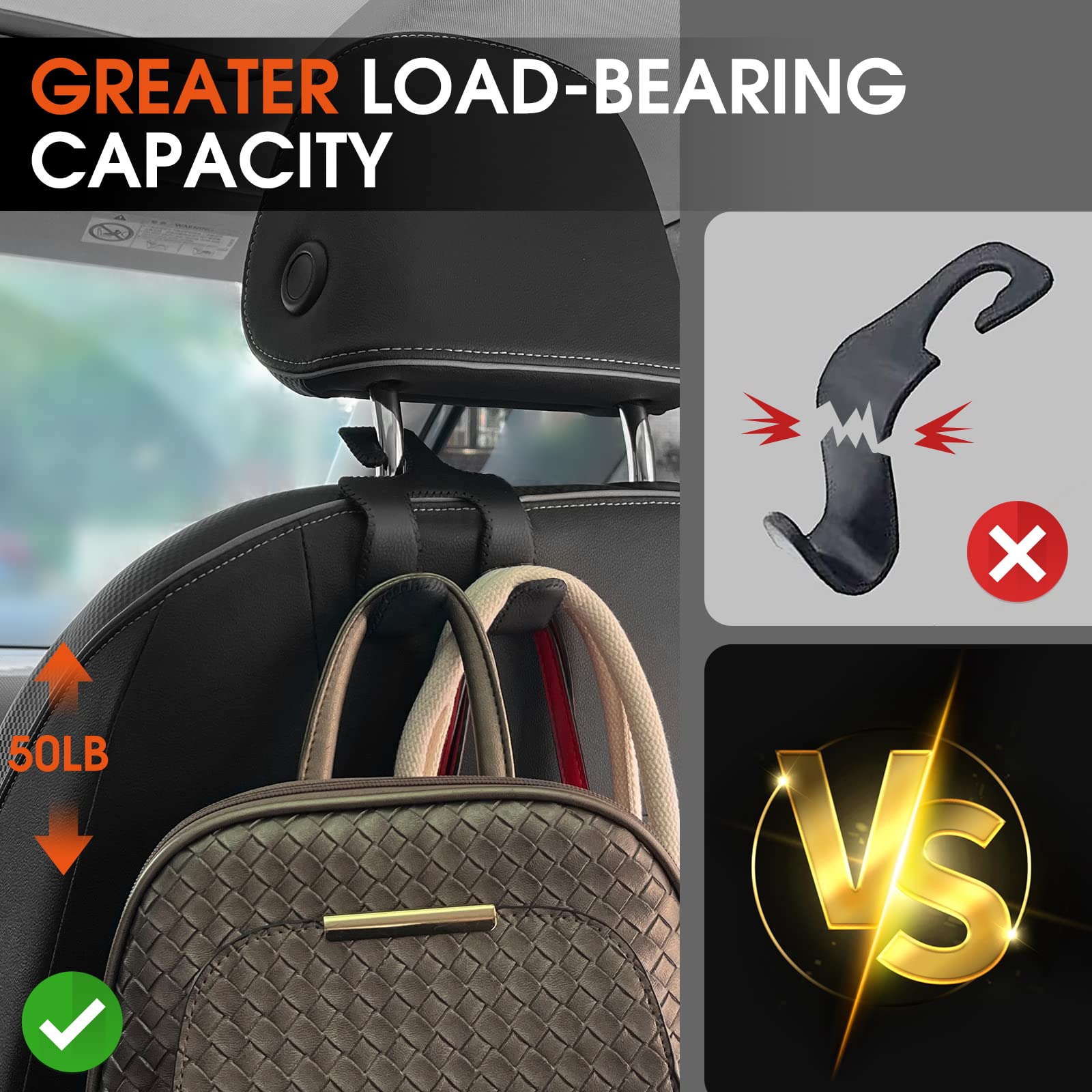 Upgraded 2-in-1 Car Headrest Hooks for Purses, Bags & Accessories - Durable Back Seat Organizer Hanger with Leather Storage Holder - Perfect for Vehicles, Travel & Daily Commute (1-Pack, Black)