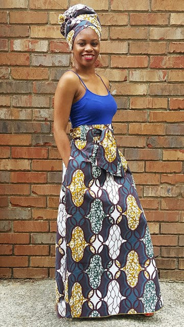 Blue, Brown & Beige African Print High Waist Skirt DP3831SK - Boho Chic Skirt for Women, Perfect for Festivals, Vacations & Casual Outings