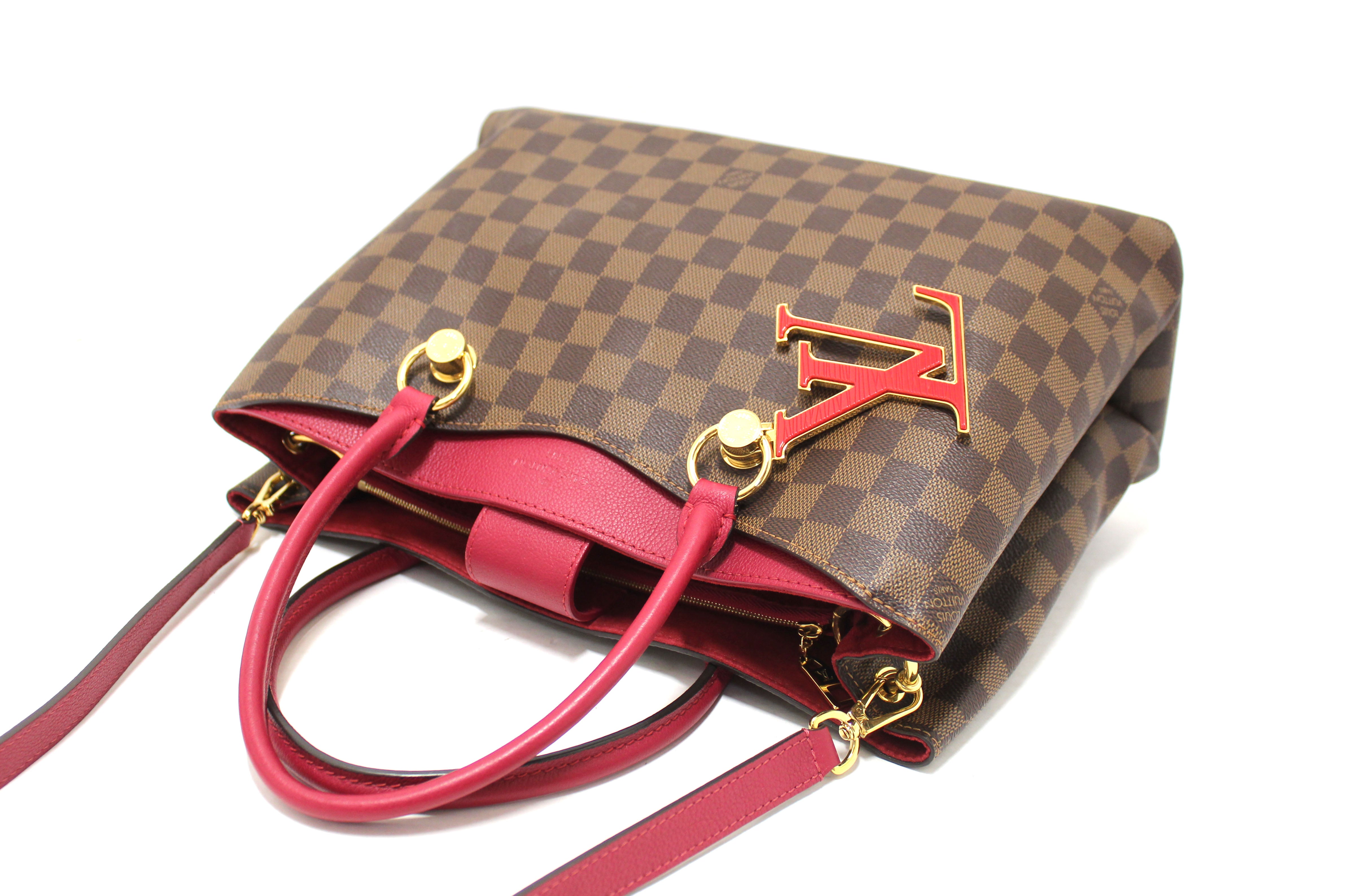 Authentic Louis Vuitton Damier Ebene Canvas Riverside Bag with Red Leather Trim - Luxury Designer Handbag for Women, Perfect for Work, Travel & Evening Events